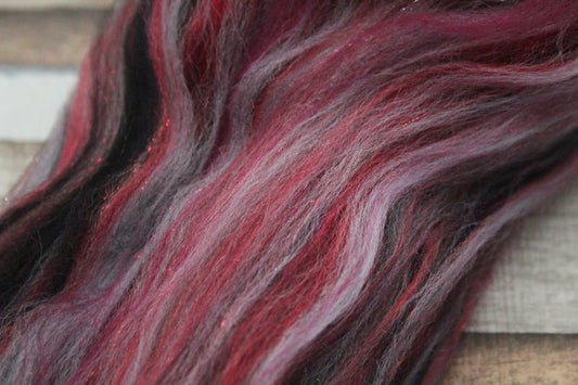 Merino Wool Blend - Red Grey Black - 30 grams / 1 oz  - Fibre for felting, weaving or spinning