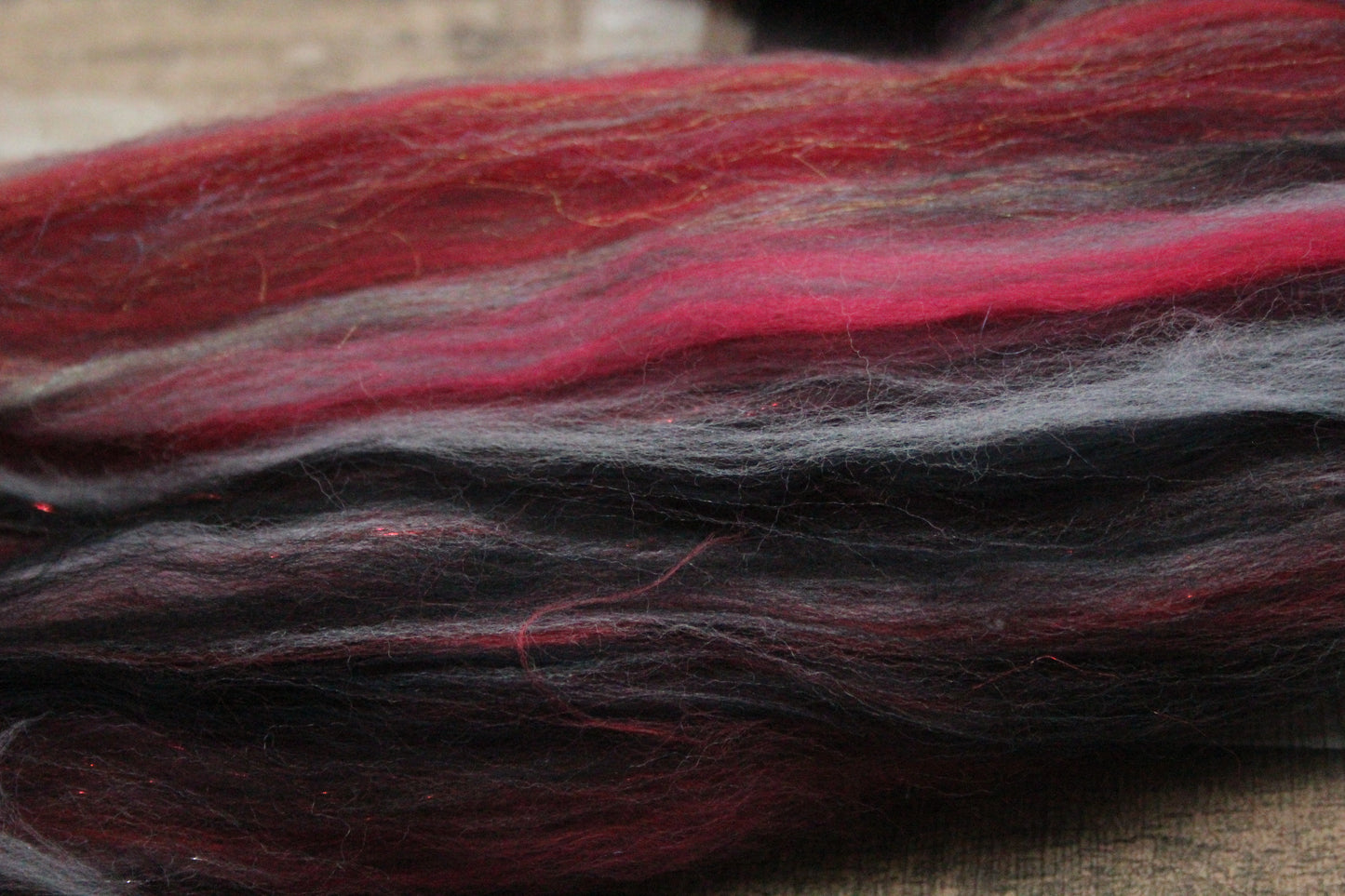 Merino Wool Blend - Red Grey Black - 45 grams / 1.5 oz  - Fibre for felting, weaving or spinning