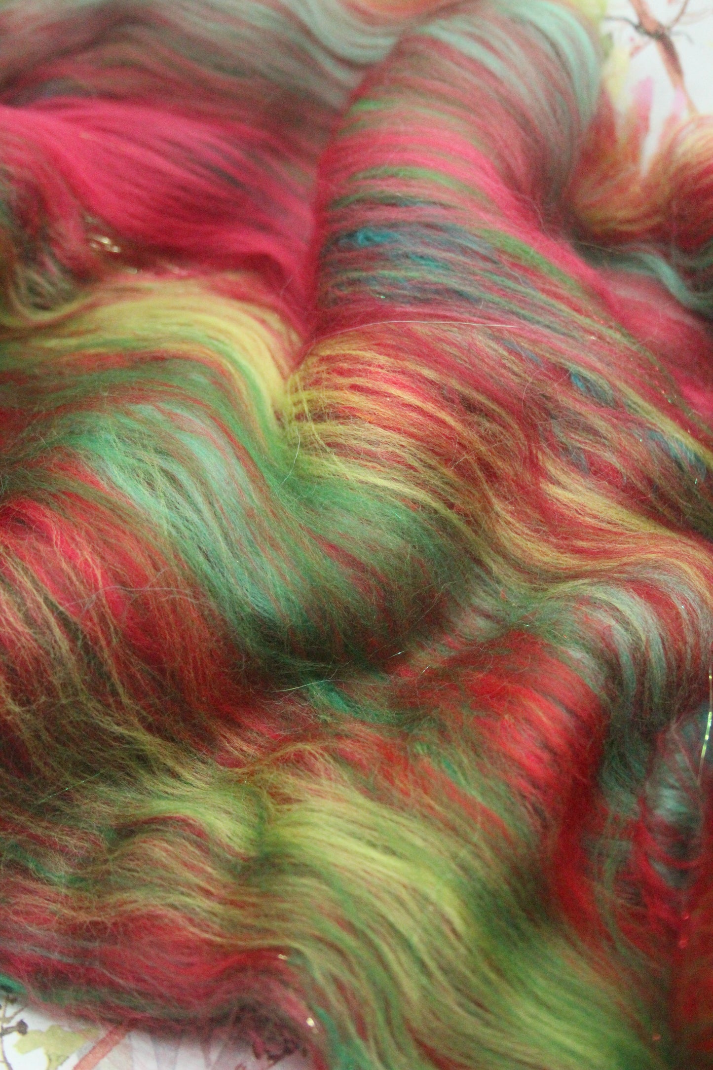 Merino Art Batt  -  Green Red - 72 grams 2.5 oz - Wool for felting, spinning and weaving