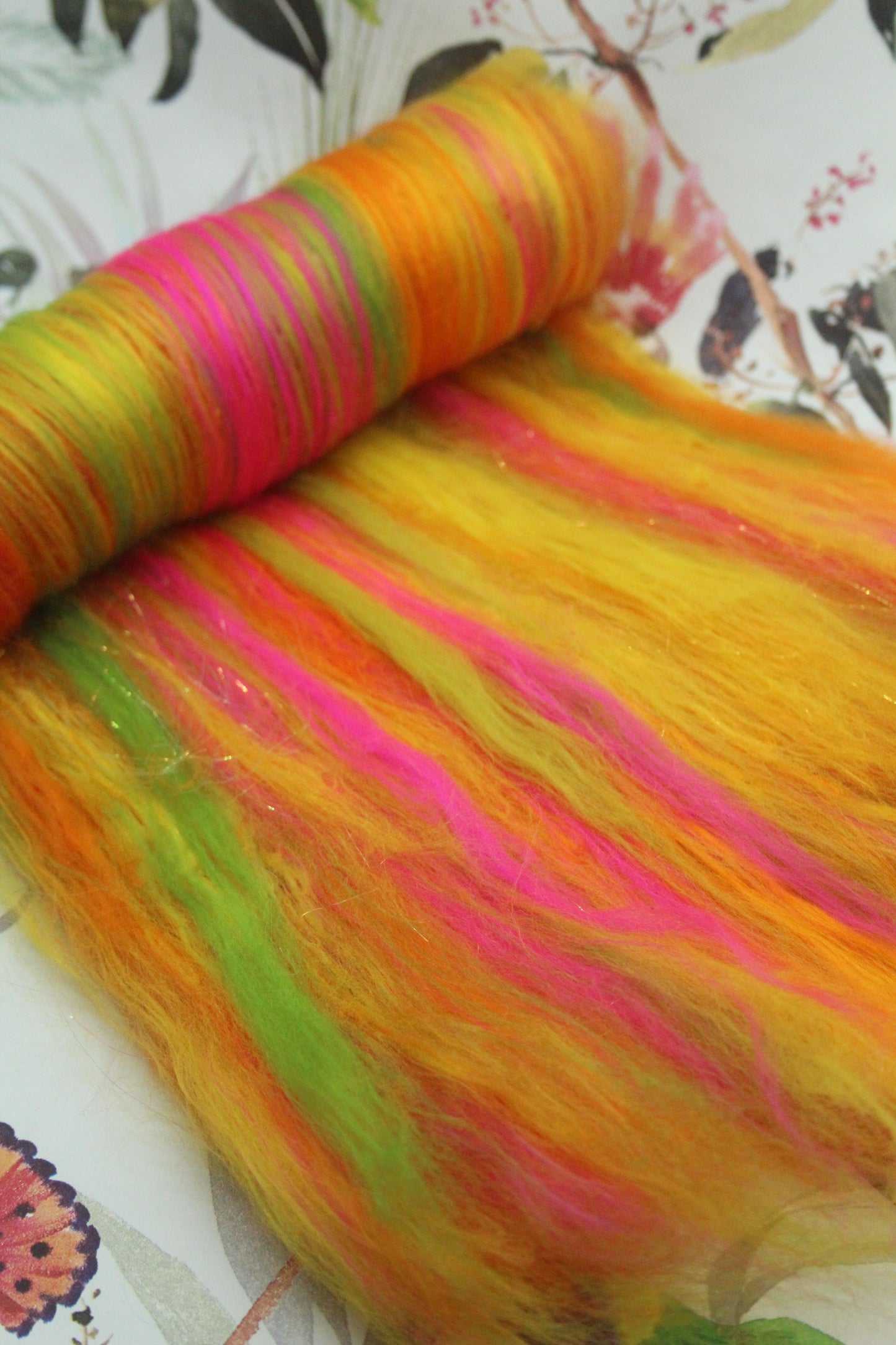 Merino Art Batt  -  Green Pink Yellow Orange - 58 grams 2 oz - Wool for felting, spinning and weaving