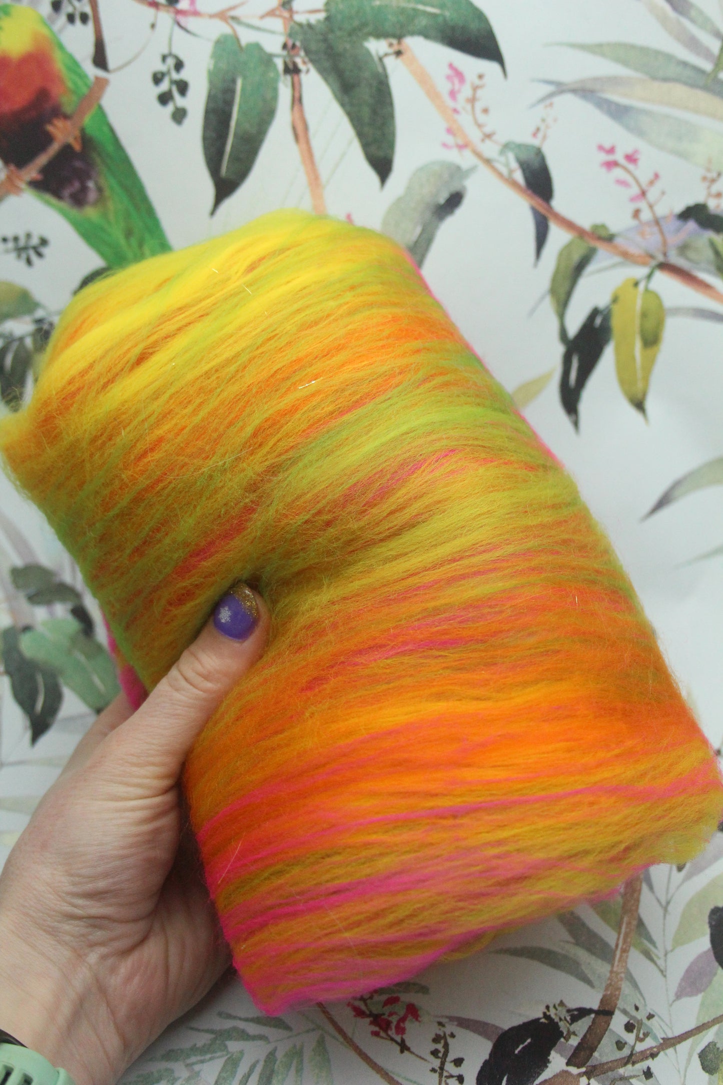 Merino Art Batt  -  Green Pink Yellow Orange - 58 grams 2 oz - Wool for felting, spinning and weaving