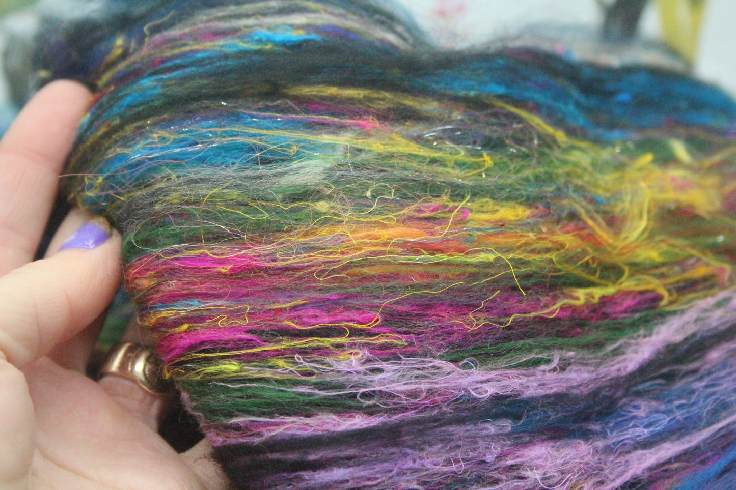 Merino Art Batt  -  Blue Black Green Purple - 60 grams 2.1 oz - Wool for felting, spinning and weaving