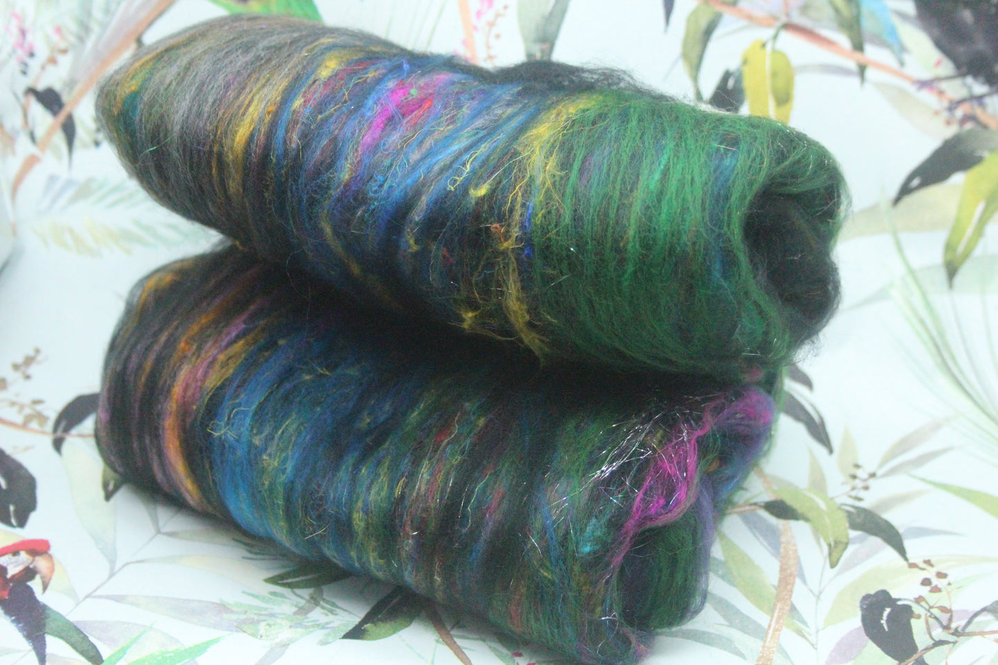 Merino Art Batt  -  Blue Black Green Purple - 60 grams 2.1 oz - Wool for felting, spinning and weaving