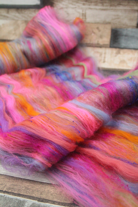 Merino Art Batt  -  Pink Purple Green Blue - 43 grams 1.5 oz - Wool for felting, spinning and weaving