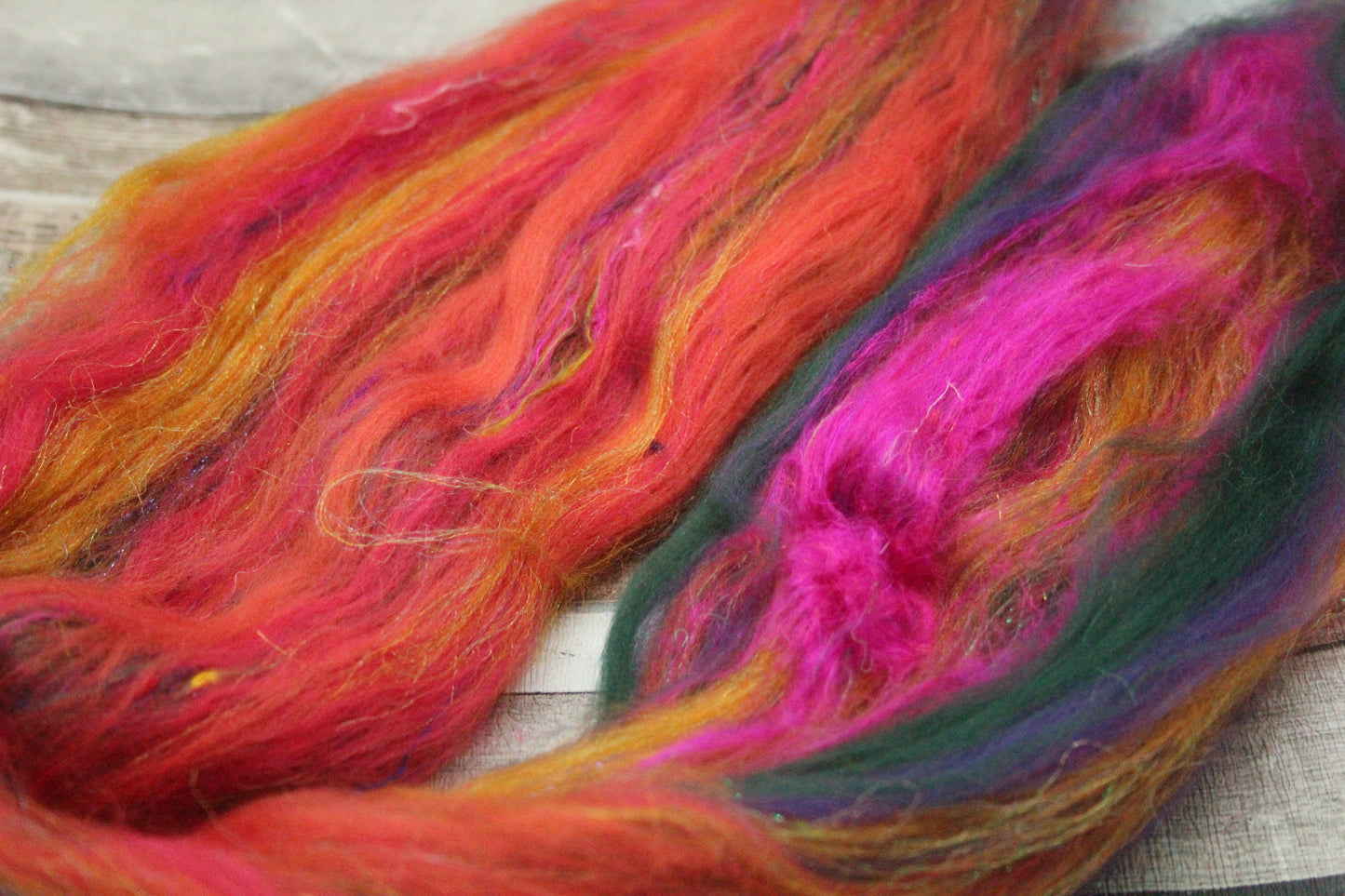 Merino Wool Blend - Green Orange Pink - 25 grams / 0.8 oz  - Fibre for felting, weaving or spinning