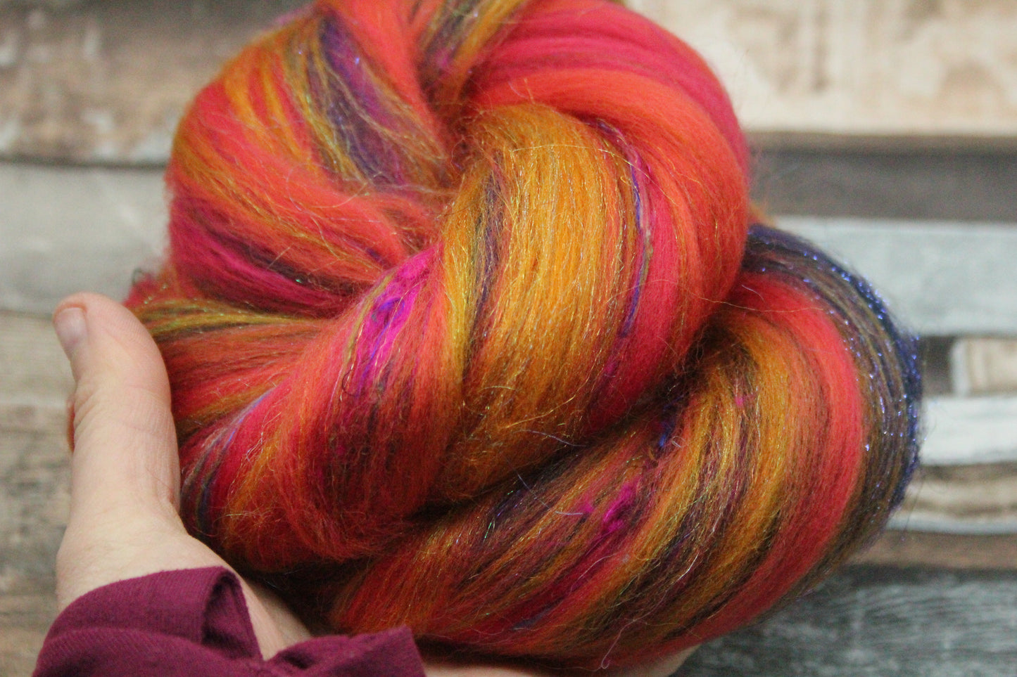 Merino Wool Blend - Green Orange Pink - 23 grams / 0.8 oz  - Fibre for felting, weaving or spinning