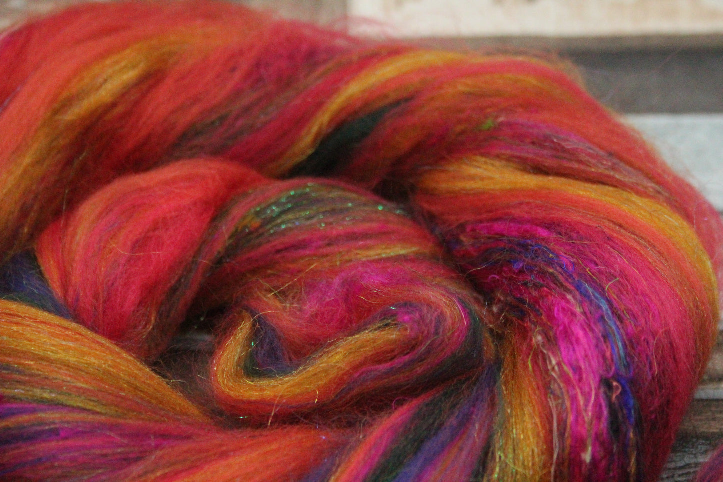 Merino Wool Blend - Green Orange Pink - 47 grams / 1.6 oz  - Fibre for felting, weaving or spinning