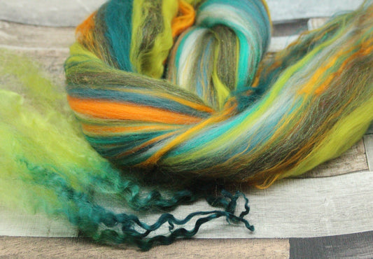 Merino Wool Blend - Green Orange - 29 grams / 1.0 oz  - Fibre for felting, weaving or spinning