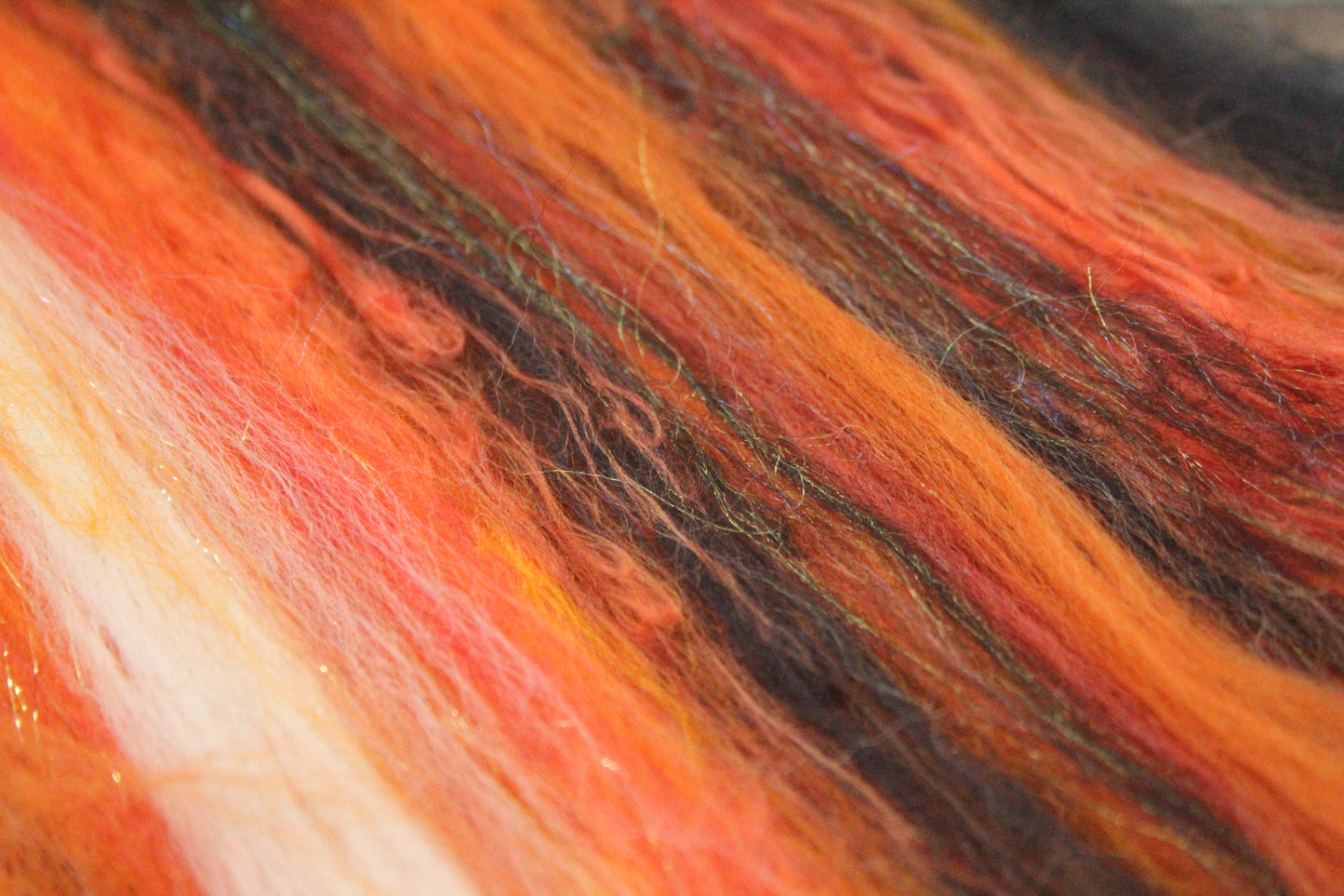 Merino Art Batt  - Black Orange White - 41 grams 1.4 oz - Wool for felting, spinning and weaving