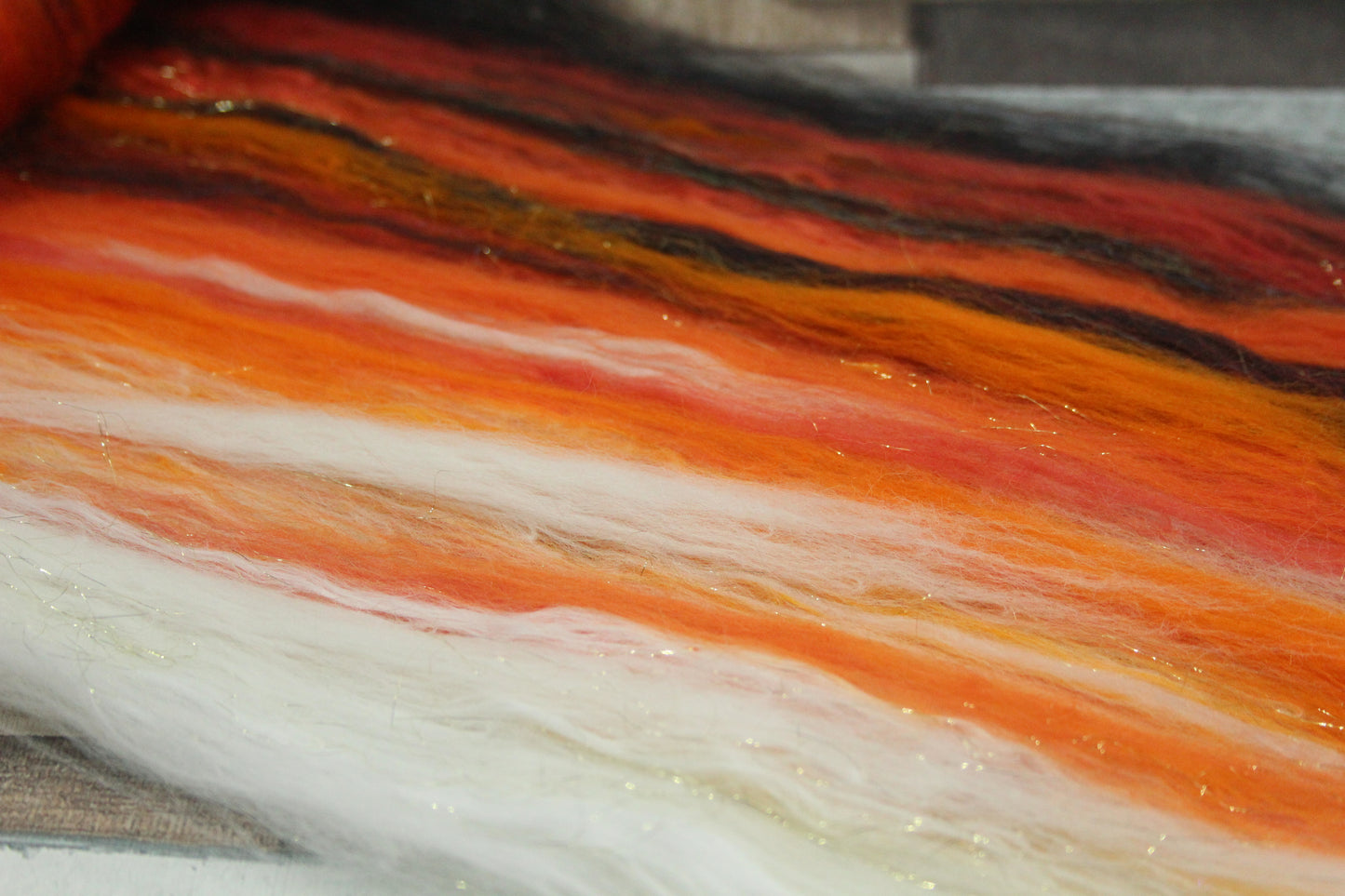 Merino Art Batt  - Black Orange White - 41 grams 1.4 oz - Wool for felting, spinning and weaving