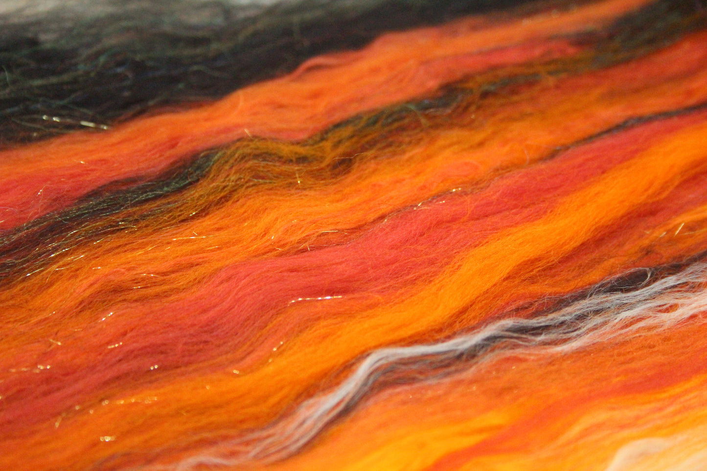Merino Art Batt  - Black Orange White - 41 grams 1.4 oz - Wool for felting, spinning and weaving