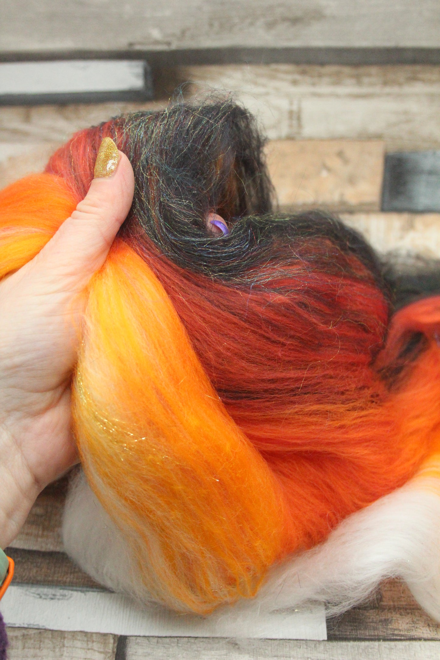 Merino Art Batt  - Black Orange White - 41 grams 1.4 oz - Wool for felting, spinning and weaving