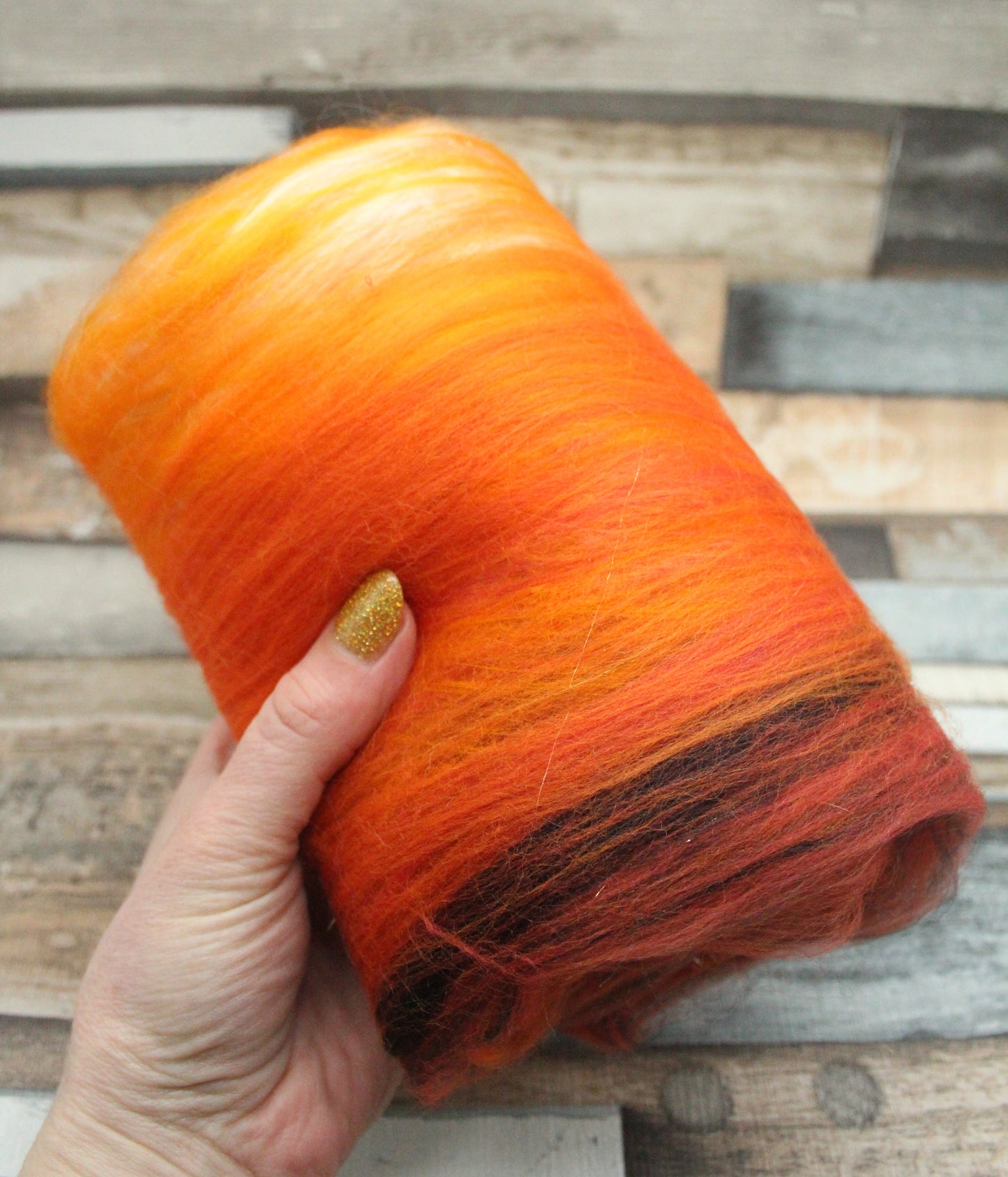 Merino Art Batt  - Black Orange White - 41 grams 1.4 oz - Wool for felting, spinning and weaving