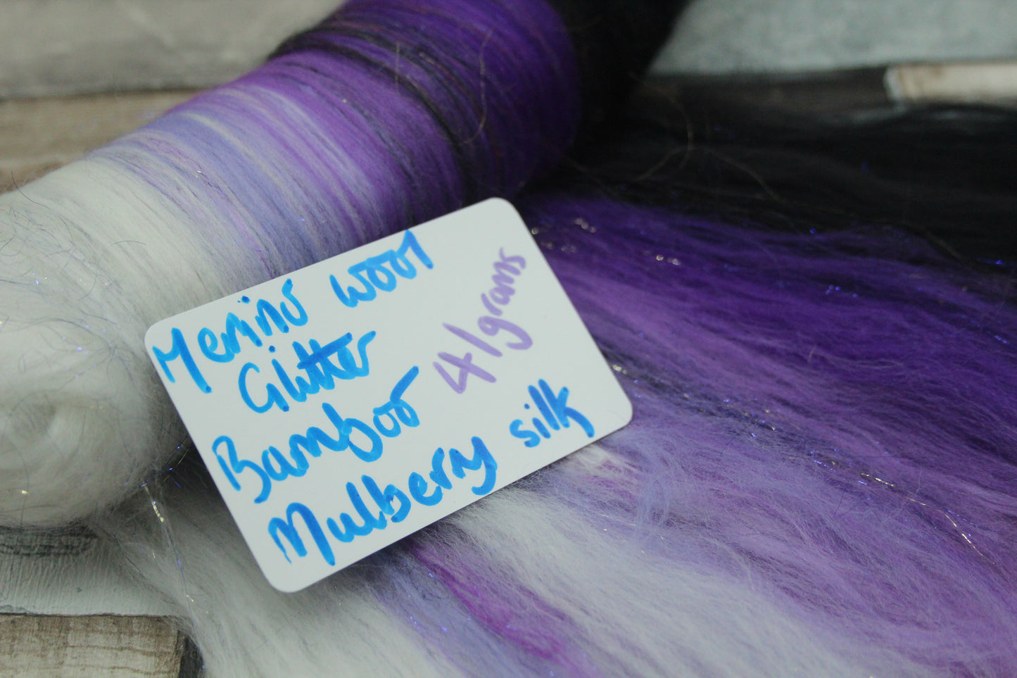 Merino Art Batt  - Black Purple White - 41 grams 1.4 oz - Wool for felting, spinning and weaving