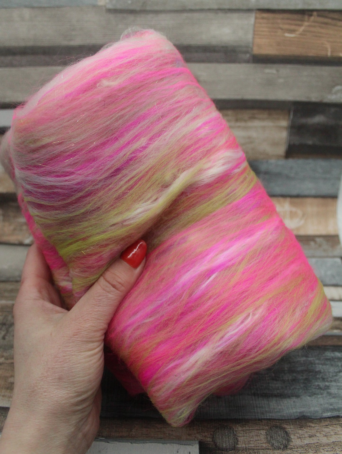 Merino Art Batt  - Pink Green  - 68 grams 2.3 oz - Wool for felting, spinning and weaving