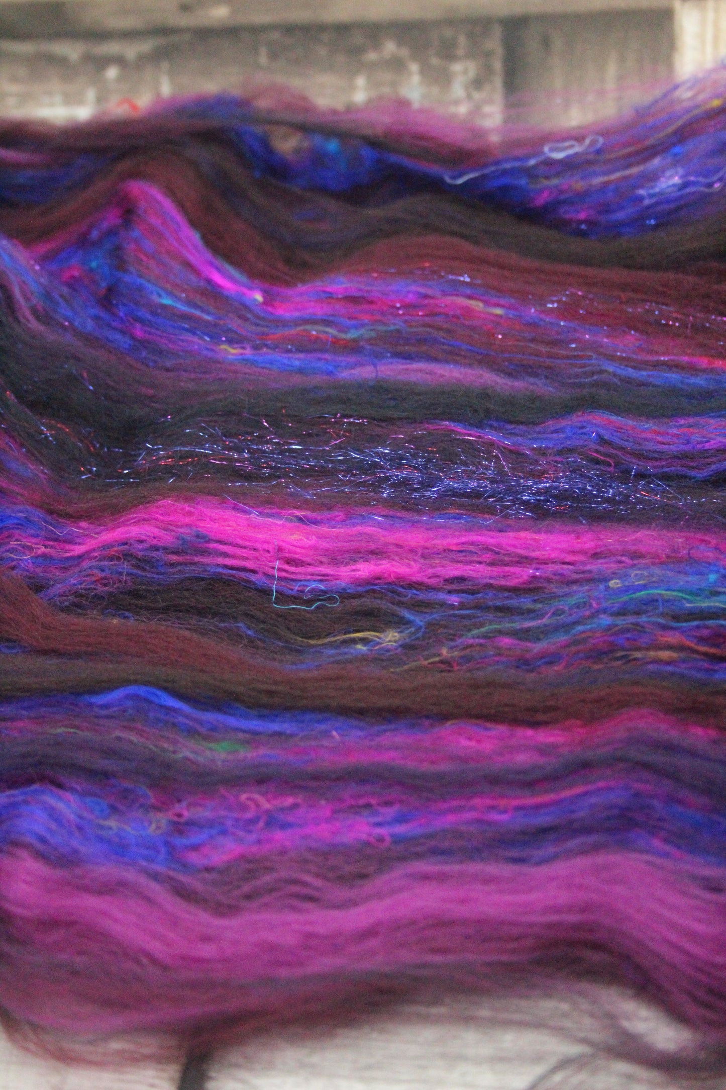 Merino Art Batt  - Black Brown Burgundy - 47 grams 1.6 oz - Wool for felting, spinning and weaving