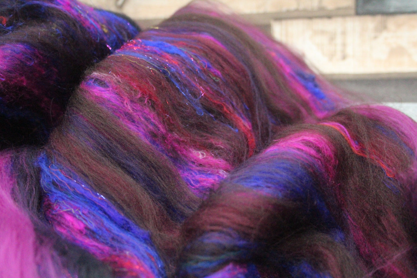 Merino Art Batt  - Black Brown Burgundy - 47 grams 1.6 oz - Wool for felting, spinning and weaving