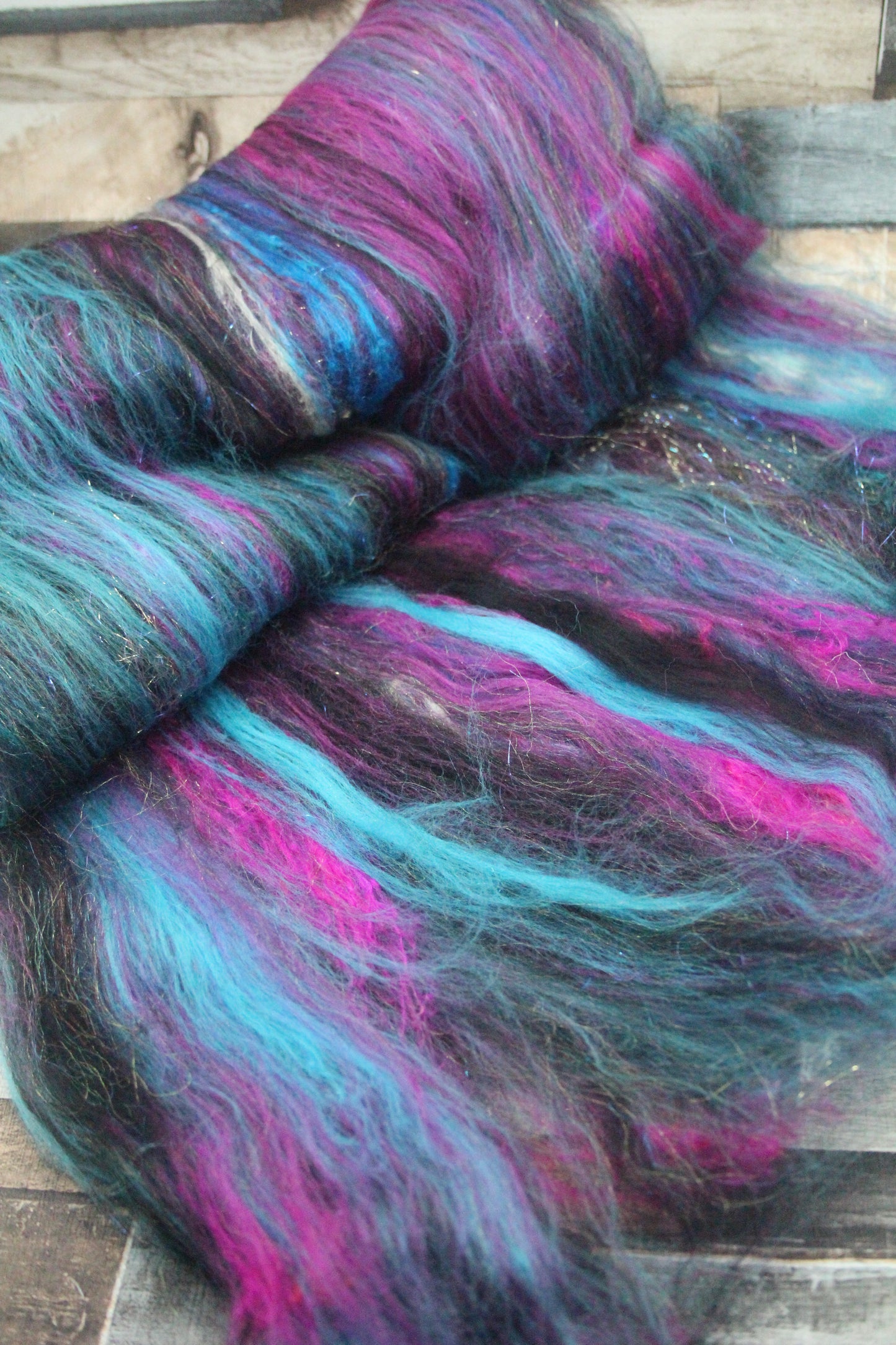 Merino Art Batt  - Pink Black Blue - 53 grams 1.8 oz - Wool for felting, spinning and weaving