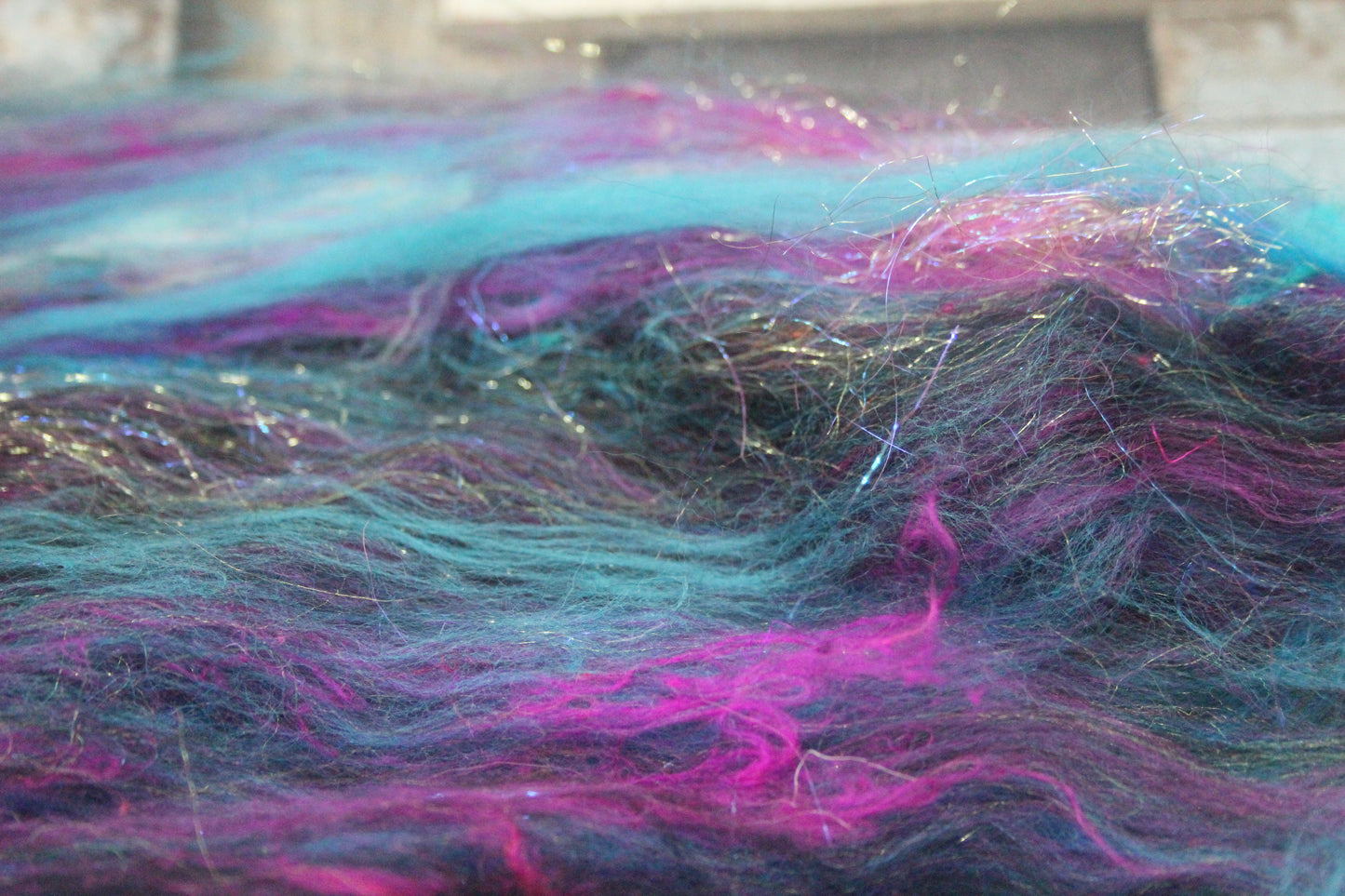Merino Art Batt  - Pink Black Blue - 53 grams 1.8 oz - Wool for felting, spinning and weaving