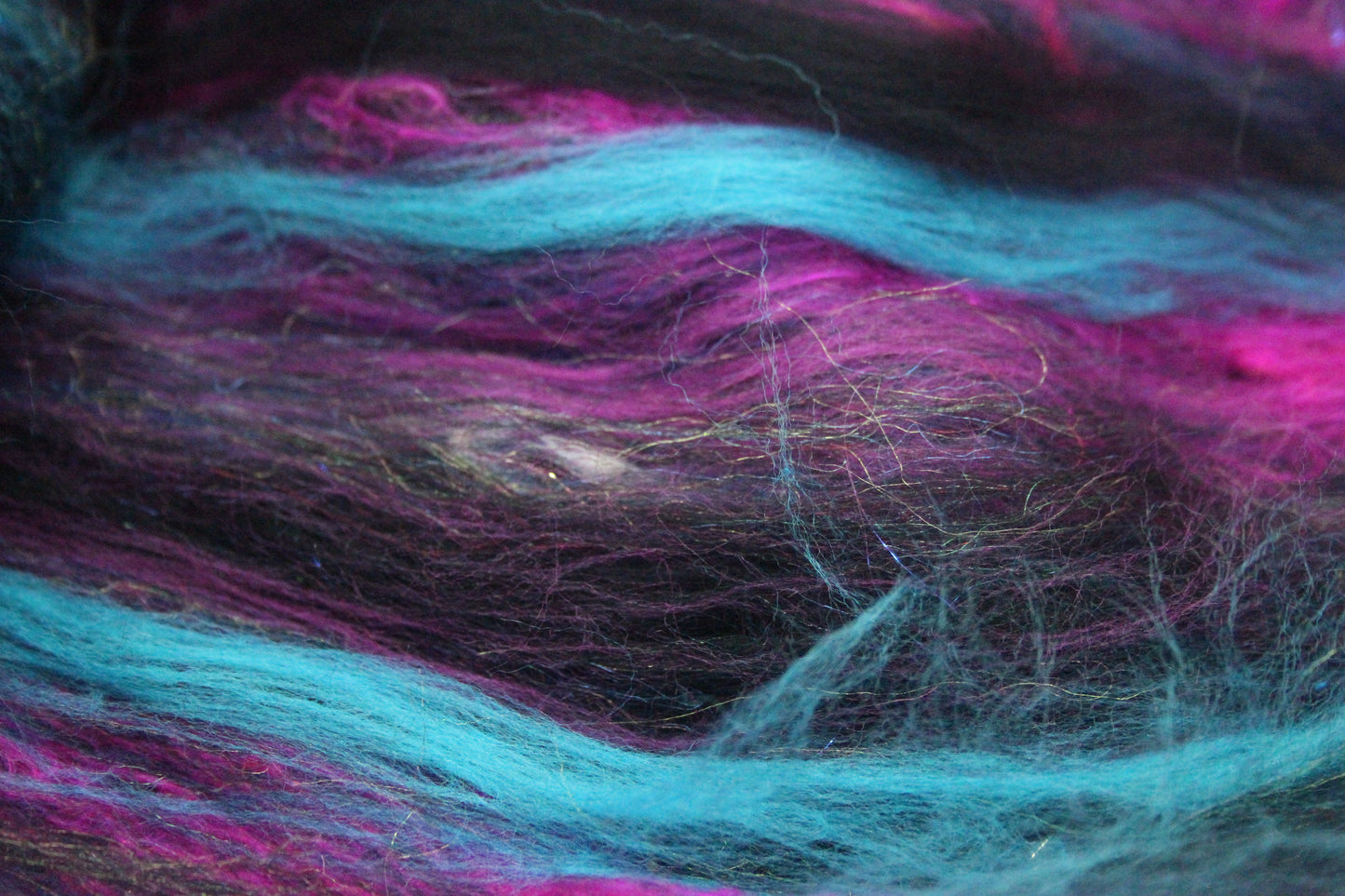 Merino Art Batt  - Pink Black Blue - 53 grams 1.8 oz - Wool for felting, spinning and weaving