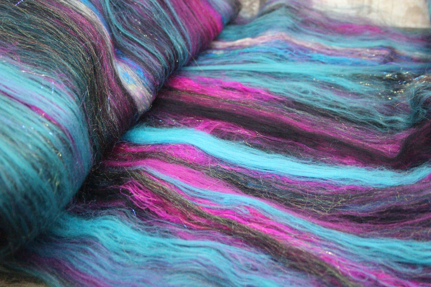 Merino Art Batt  - Pink Black Blue - 53 grams 1.8 oz - Wool for felting, spinning and weaving