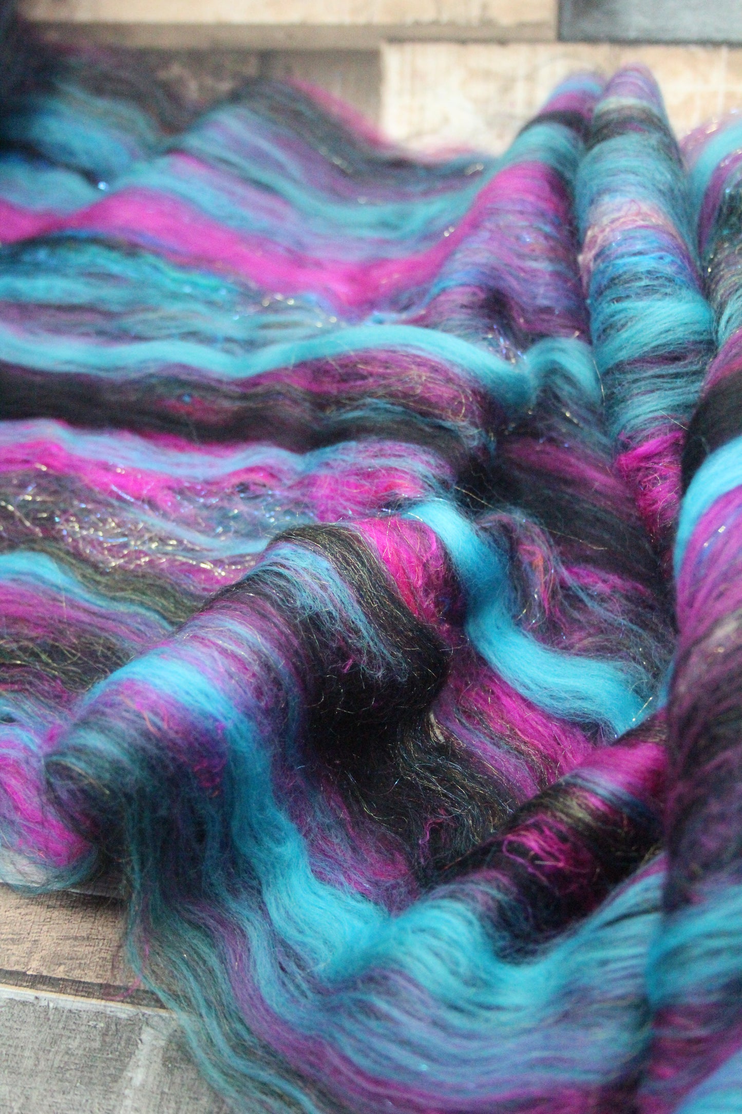 Merino Art Batt  - Pink Black Blue - 53 grams 1.8 oz - Wool for felting, spinning and weaving