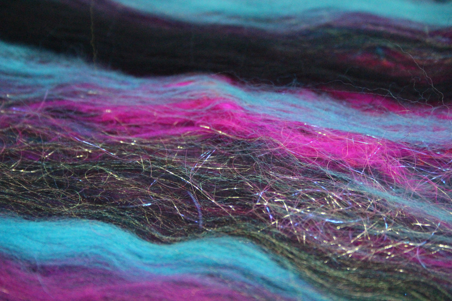 Merino Art Batt  - Pink Black Blue - 53 grams 1.8 oz - Wool for felting, spinning and weaving