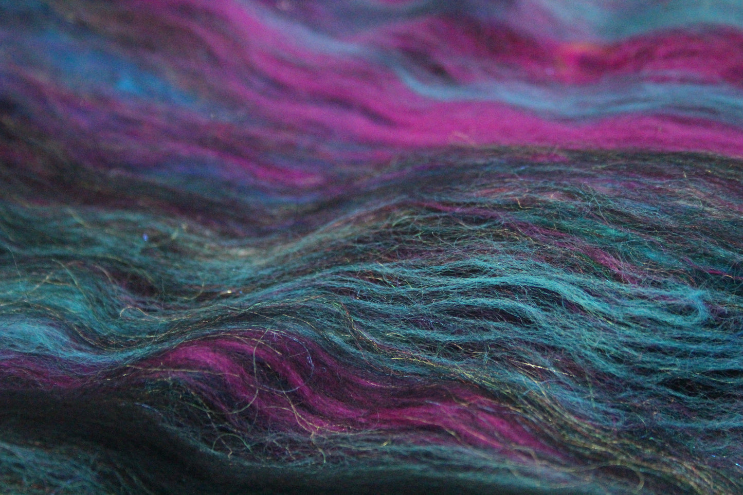 Merino Art Batt  - Pink Black Blue - 53 grams 1.8 oz - Wool for felting, spinning and weaving