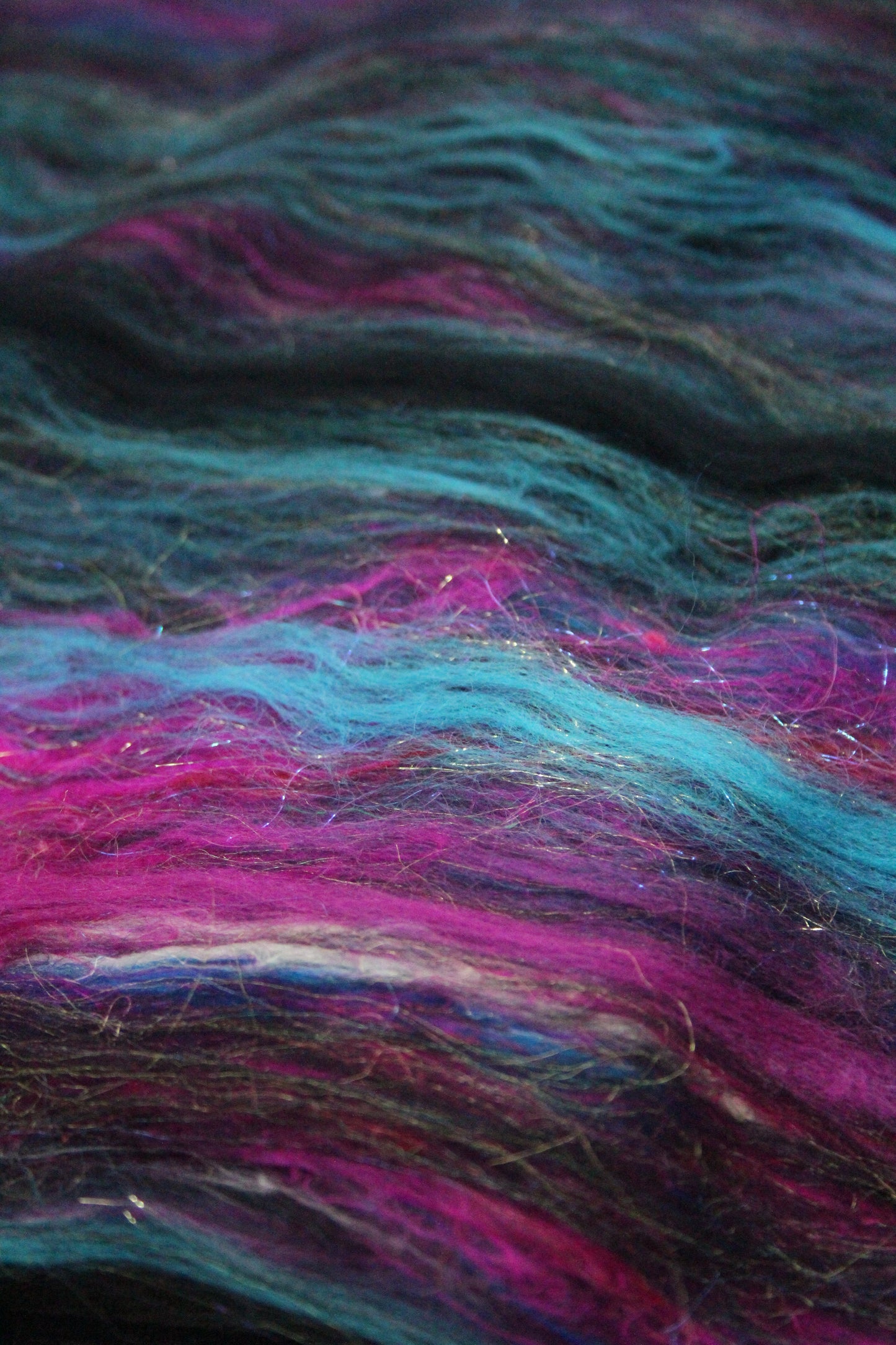 Merino Art Batt  - Pink Black Blue - 53 grams 1.8 oz - Wool for felting, spinning and weaving