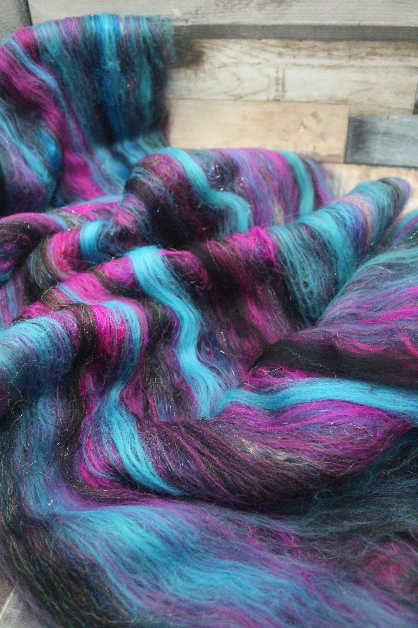 Merino Art Batt  - Pink Black Blue - 53 grams 1.8 oz - Wool for felting, spinning and weaving