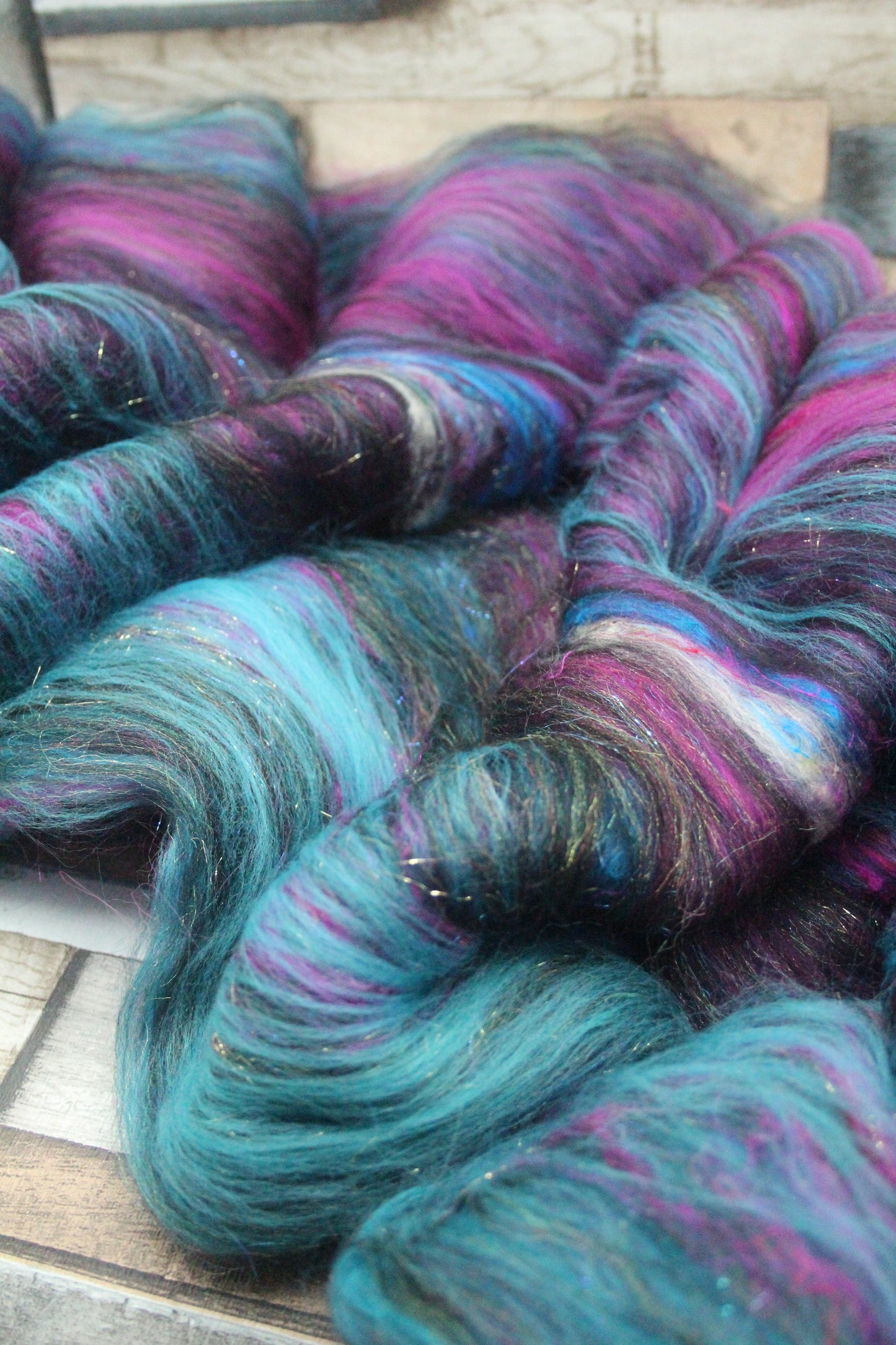 Merino Art Batt  - Pink Black Blue - 53 grams 1.8 oz - Wool for felting, spinning and weaving