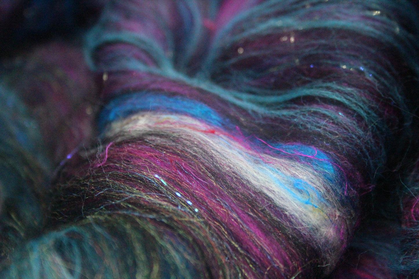 Merino Art Batt  - Pink Black Blue - 53 grams 1.8 oz - Wool for felting, spinning and weaving