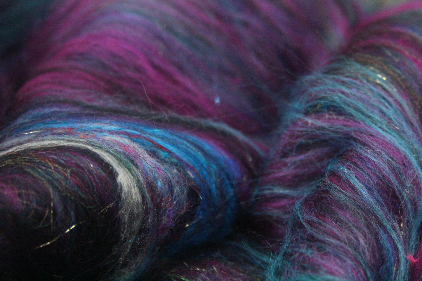 Merino Art Batt  - Pink Black Blue - 53 grams 1.8 oz - Wool for felting, spinning and weaving