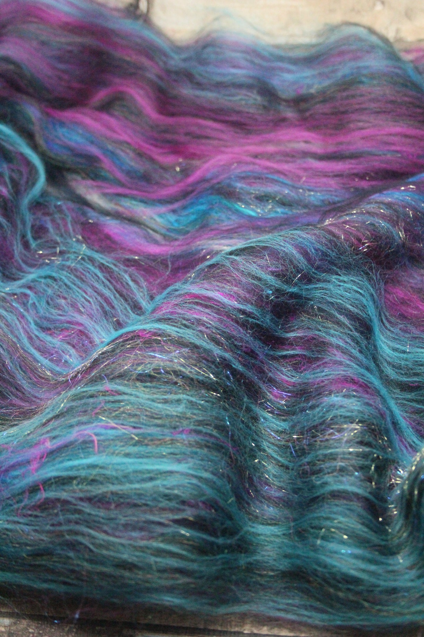 Merino Art Batt  - Pink Black Blue - 53 grams 1.8 oz - Wool for felting, spinning and weaving