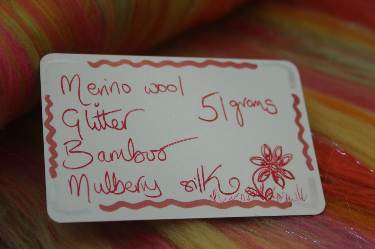 Merino Art Batt  - Orange Pink Yellow Green -  51 grams 1.7 oz - Wool for felting, spinning and weaving