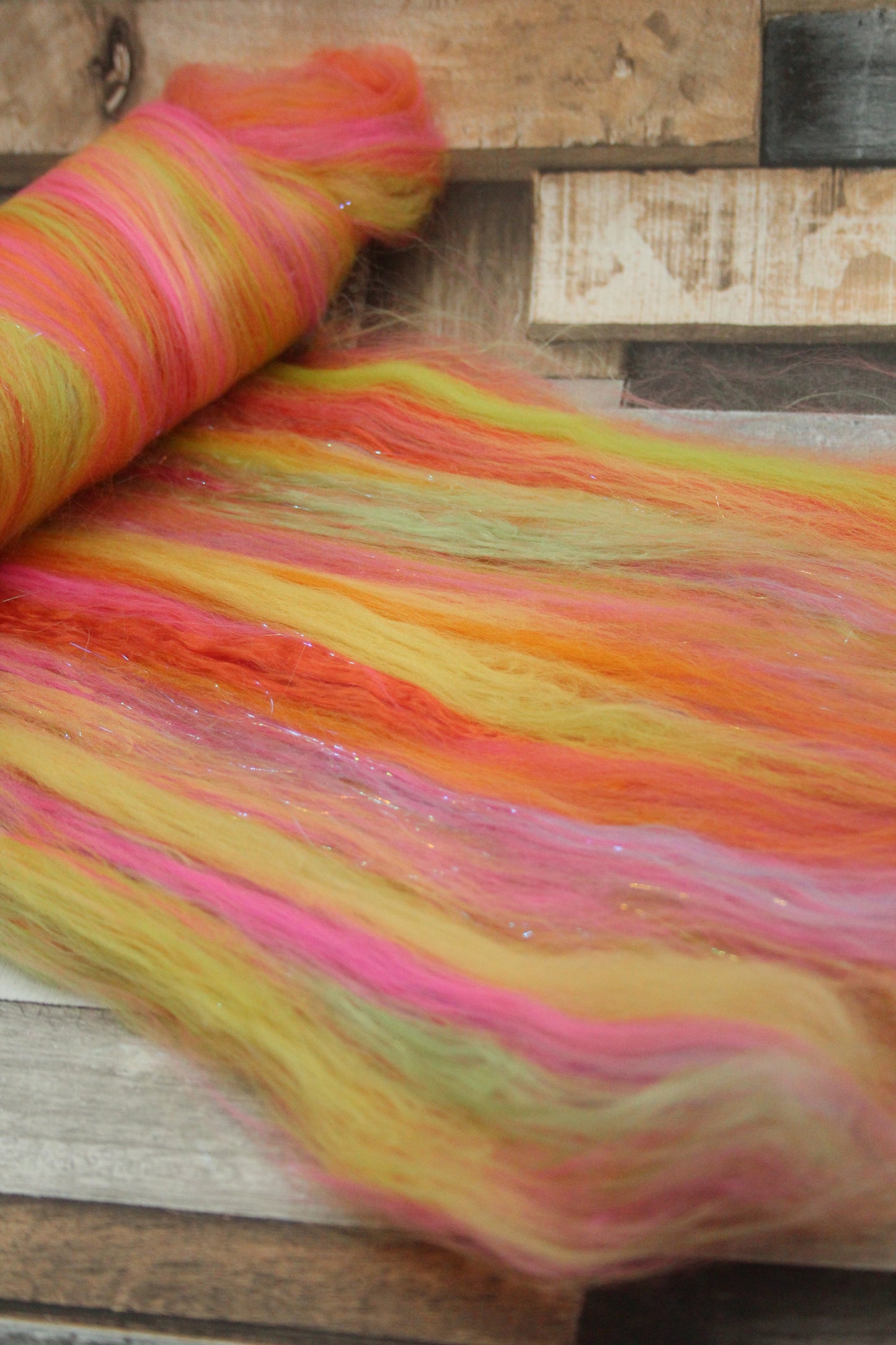 Merino Art Batt  - Orange Pink Yellow Green -  51 grams 1.7 oz - Wool for felting, spinning and weaving