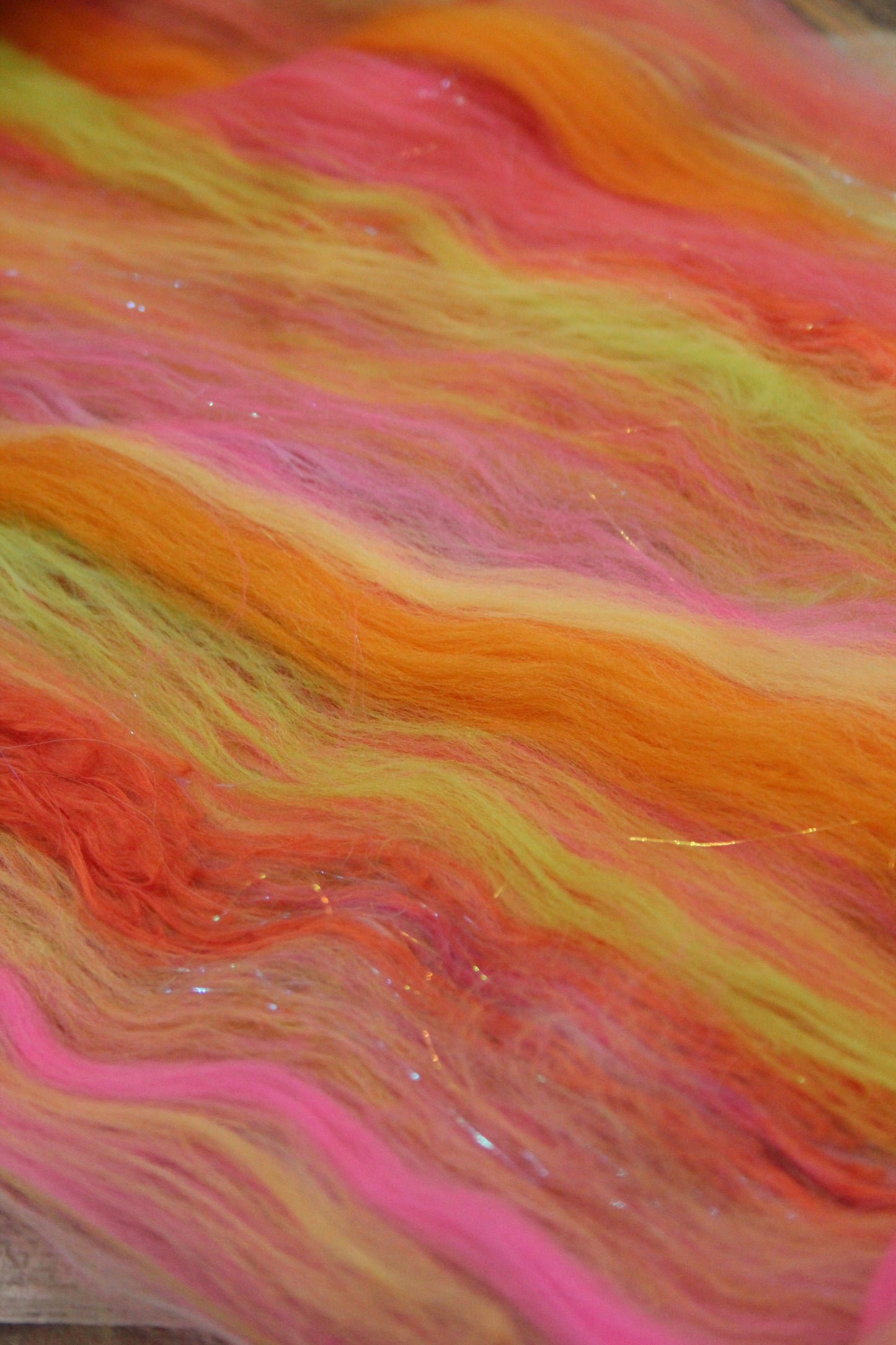 Merino Art Batt  - Orange Pink Yellow Green -  51 grams 1.7 oz - Wool for felting, spinning and weaving