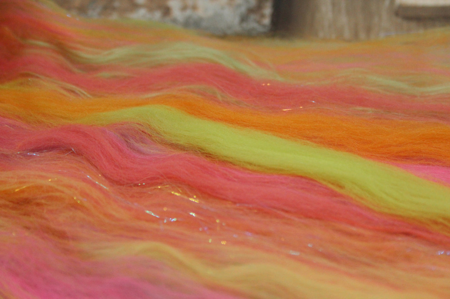 Merino Art Batt  - Orange Pink Yellow Green -  51 grams 1.7 oz - Wool for felting, spinning and weaving