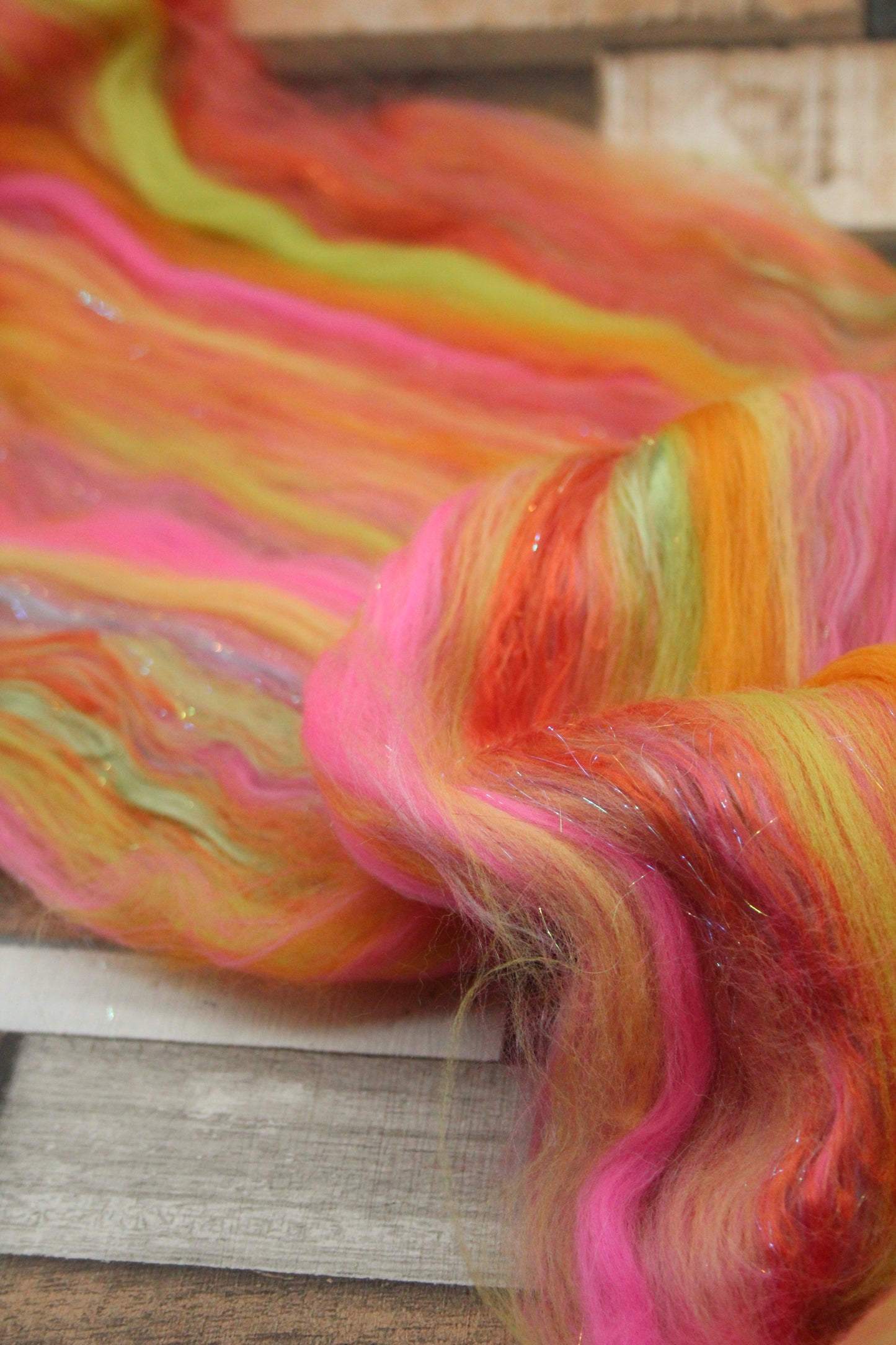 Merino Art Batt  - Orange Pink Yellow Green -  51 grams 1.7 oz - Wool for felting, spinning and weaving