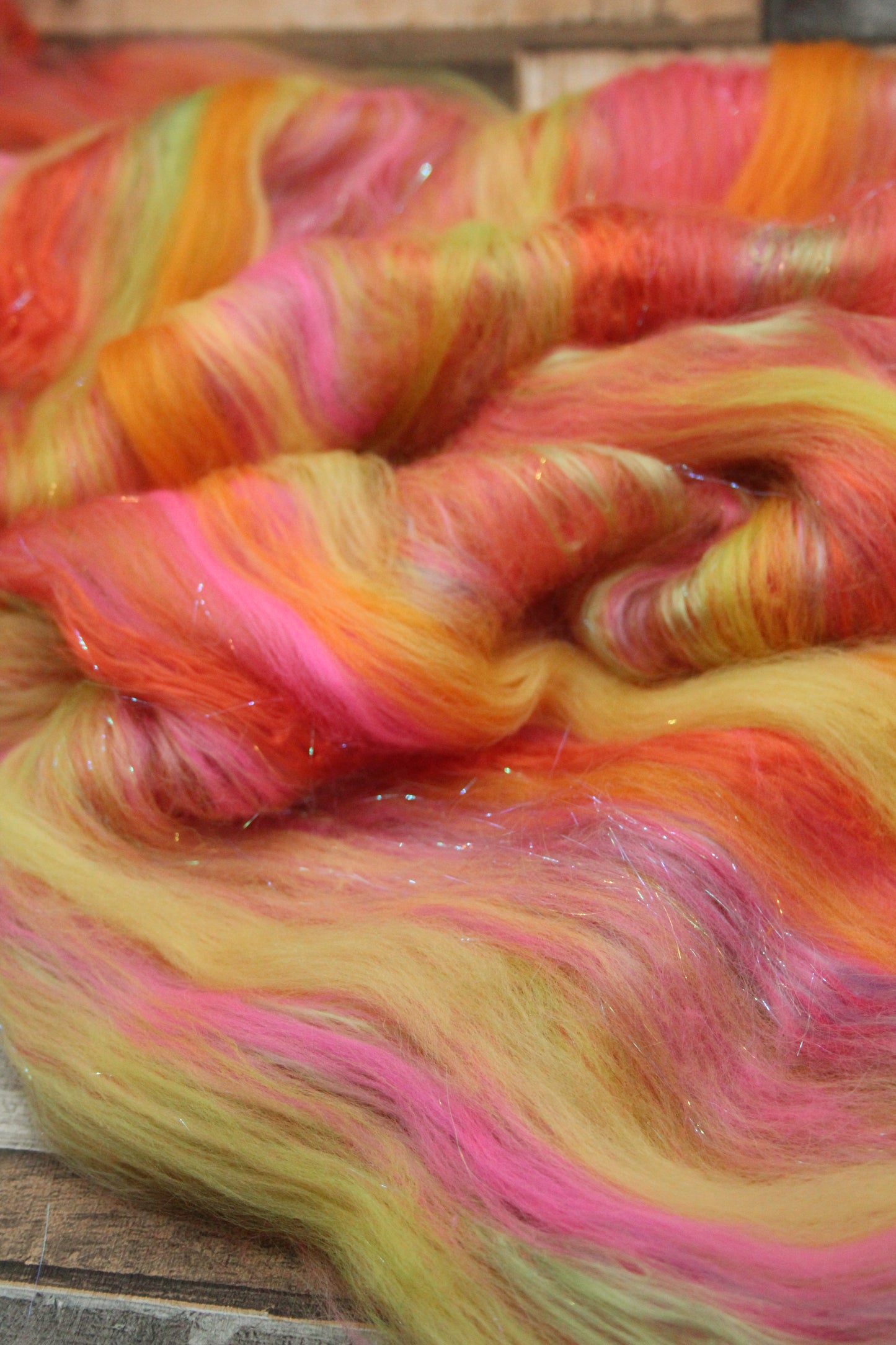 Merino Art Batt  - Orange Pink Yellow Green -  51 grams 1.7 oz - Wool for felting, spinning and weaving