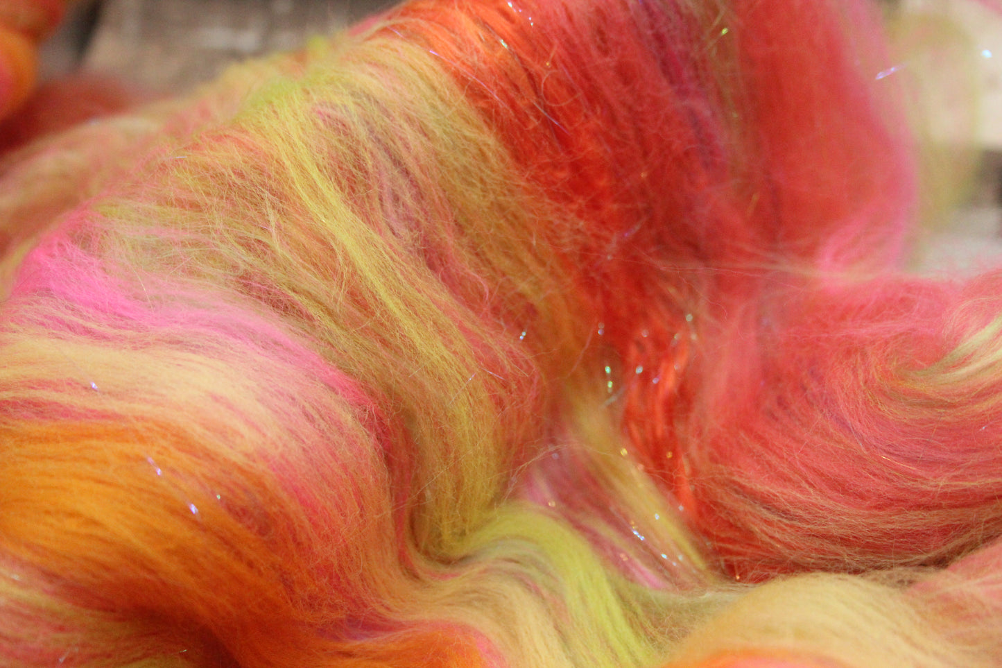 Merino Art Batt  - Orange Pink Yellow Green -  51 grams 1.7 oz - Wool for felting, spinning and weaving