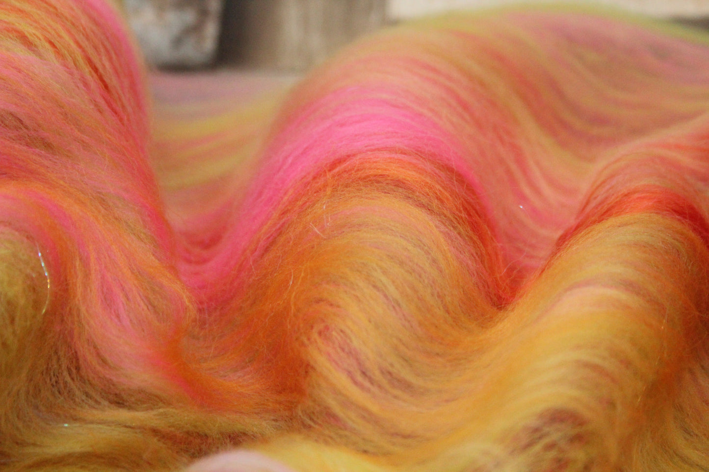 Merino Art Batt  - Orange Pink Yellow Green -  51 grams 1.7 oz - Wool for felting, spinning and weaving