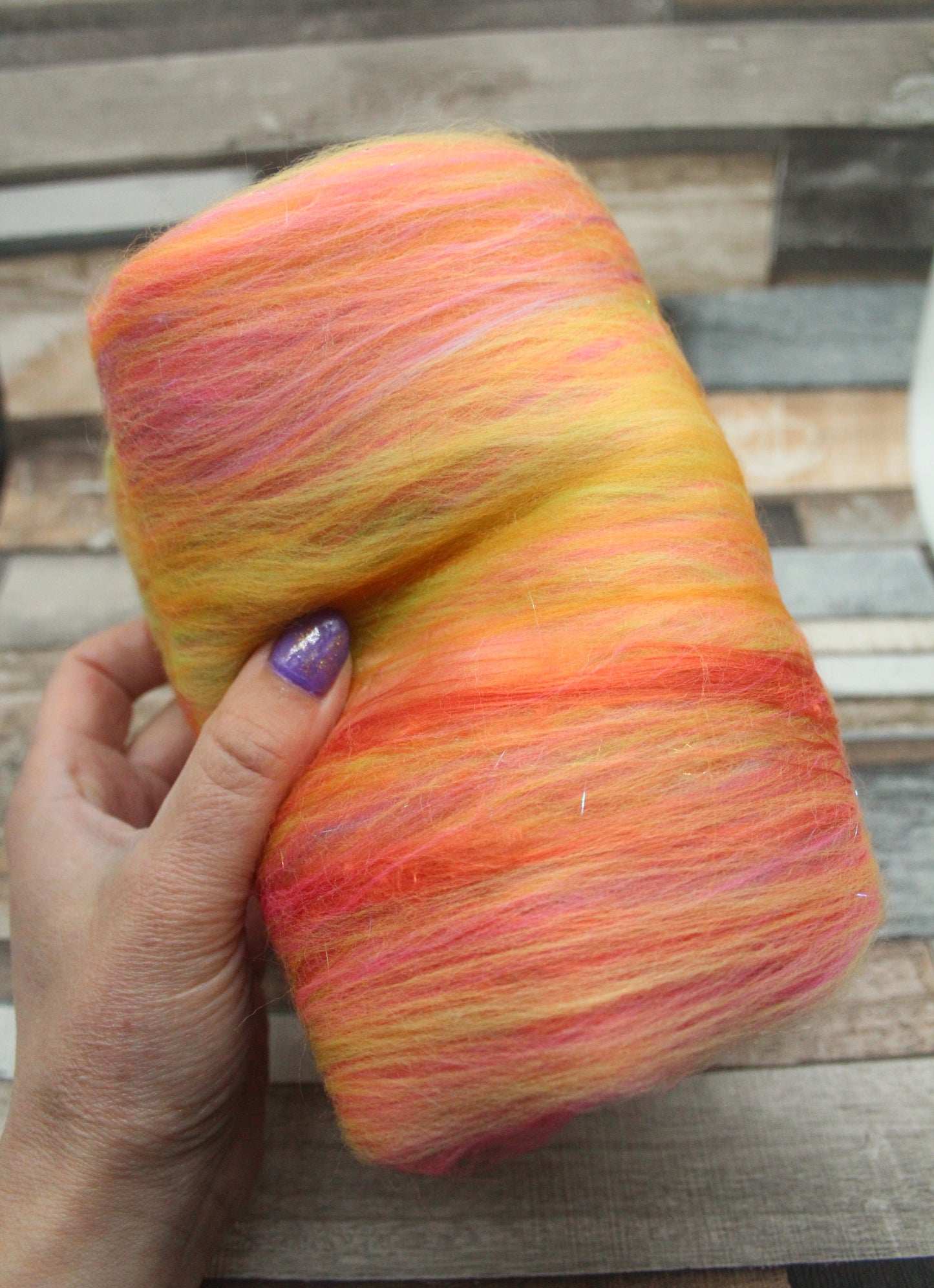 Merino Art Batt  - Orange Pink Yellow Green -  51 grams 1.7 oz - Wool for felting, spinning and weaving