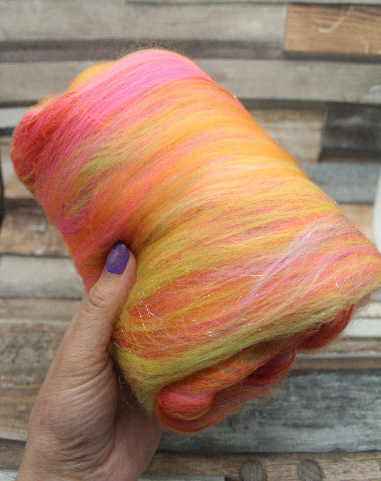 Merino Art Batt  - Orange Pink Yellow Green -  51 grams 1.7 oz - Wool for felting, spinning and weaving