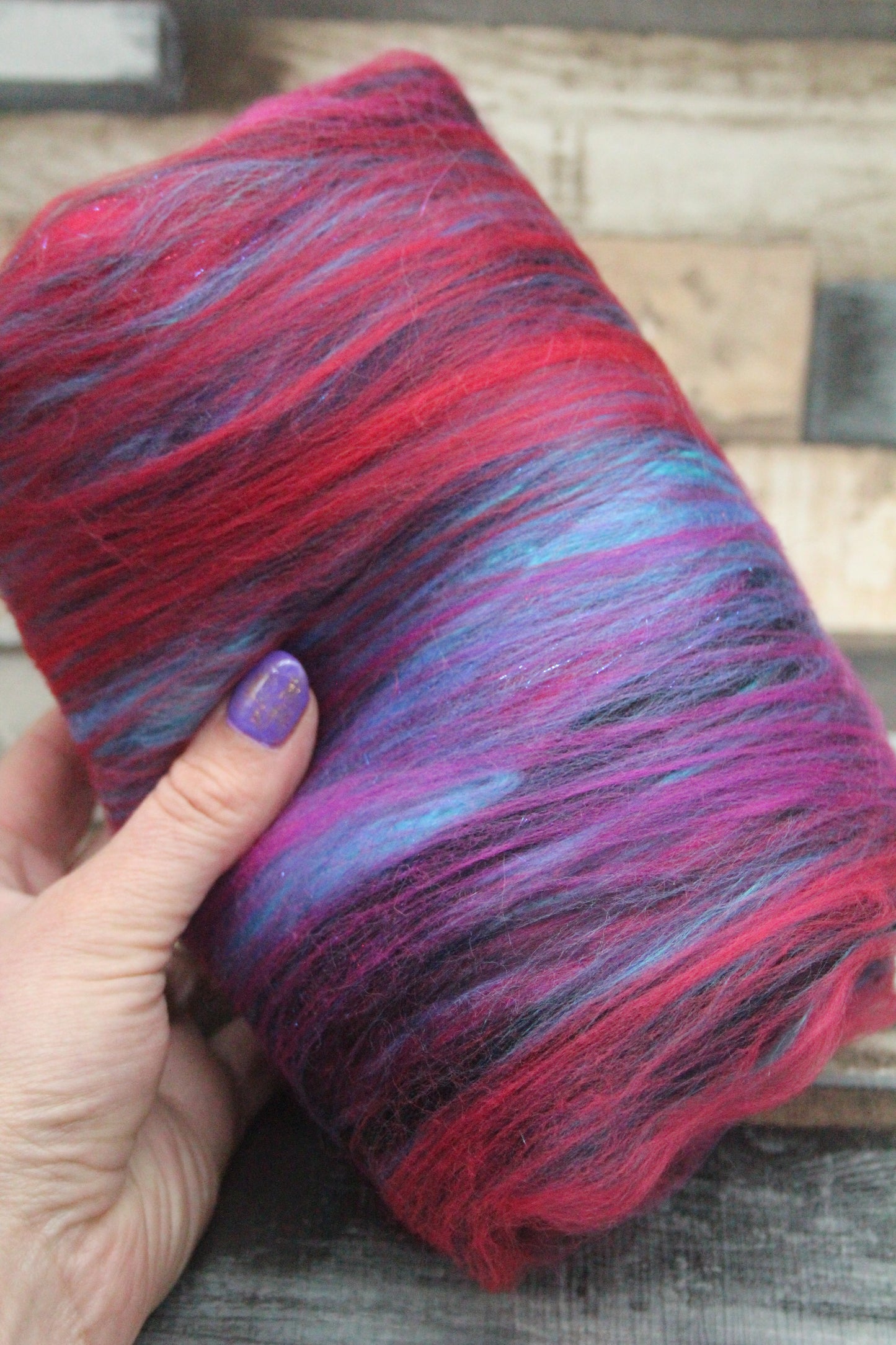 Merino Art Batt  - Red Purple Pink -  67 grams 2.3 oz - Wool for felting, spinning and weaving
