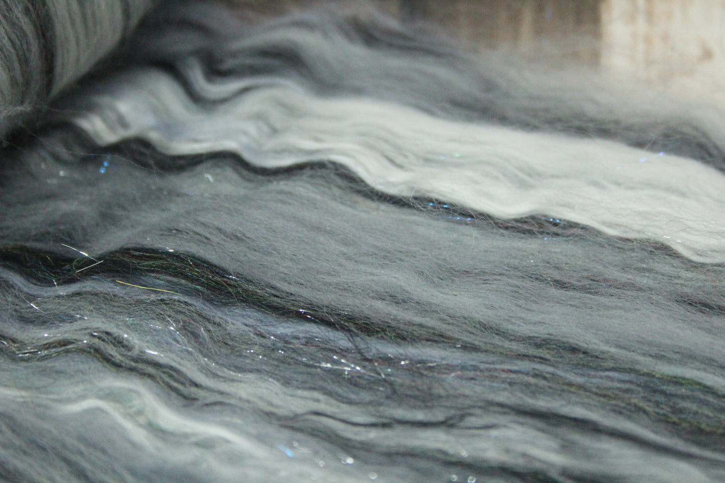 Merino Art Batt  - Black Grey White  -  92 grams 3.2 oz - Wool for felting, spinning and weaving