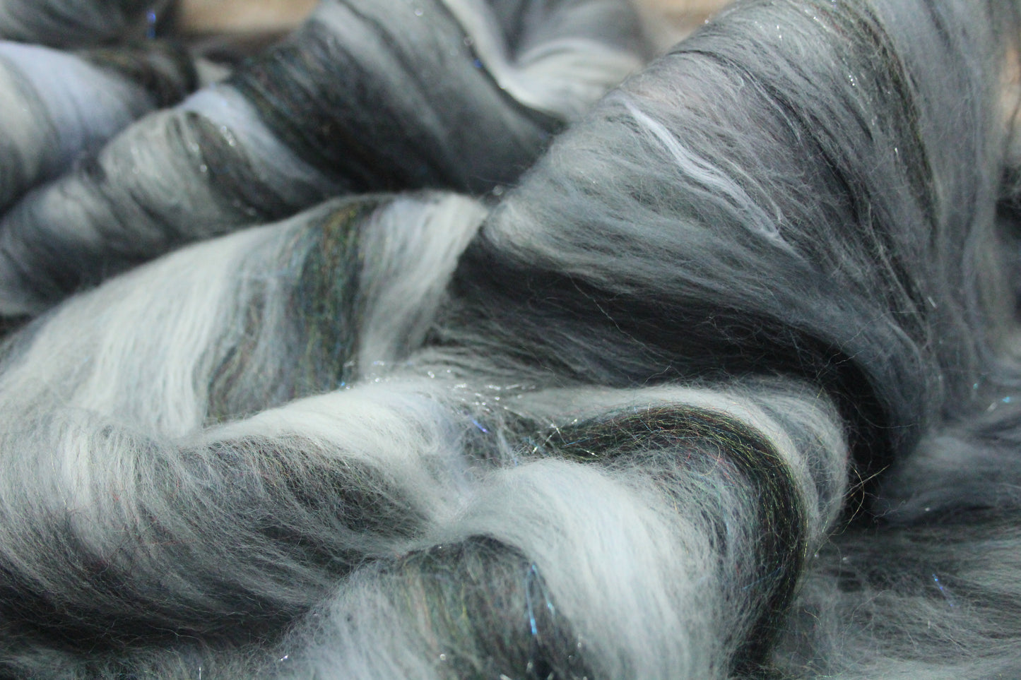 Merino Art Batt  - Black Grey White  -  92 grams 3.2 oz - Wool for felting, spinning and weaving