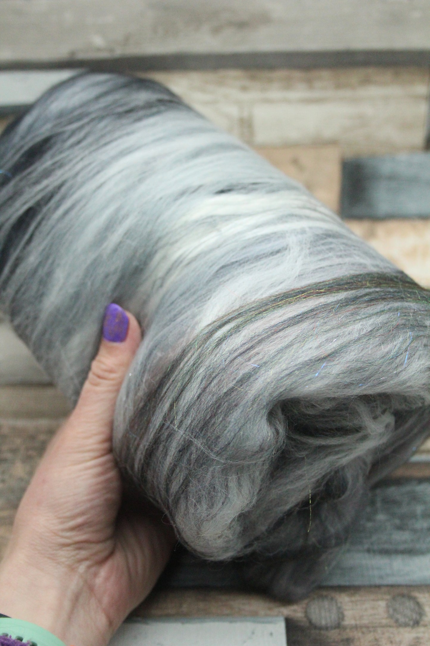 Merino Art Batt  - Black Grey White  -  92 grams 3.2 oz - Wool for felting, spinning and weaving
