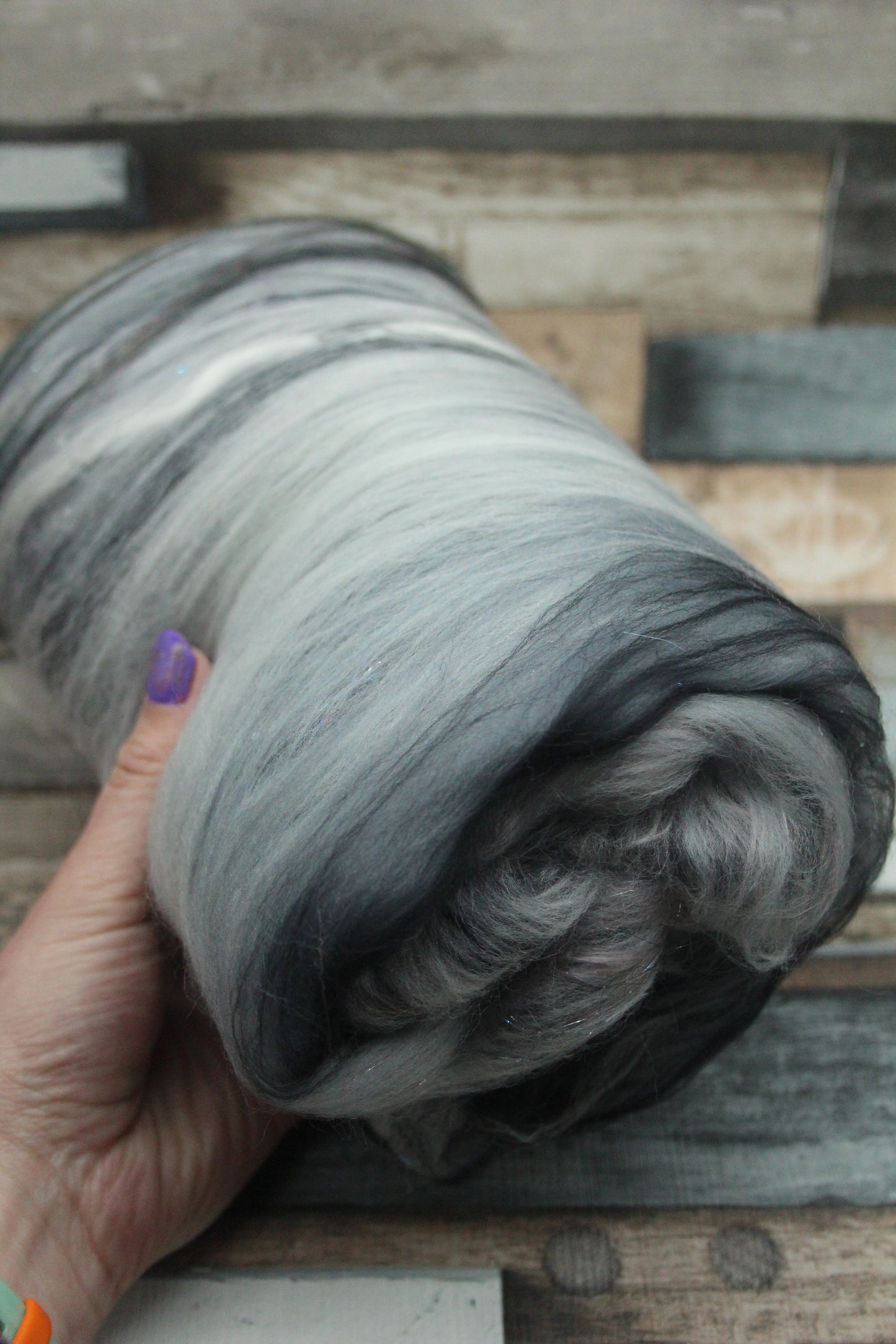 Merino Art Batt  - Black Grey White  -  92 grams 3.2 oz - Wool for felting, spinning and weaving