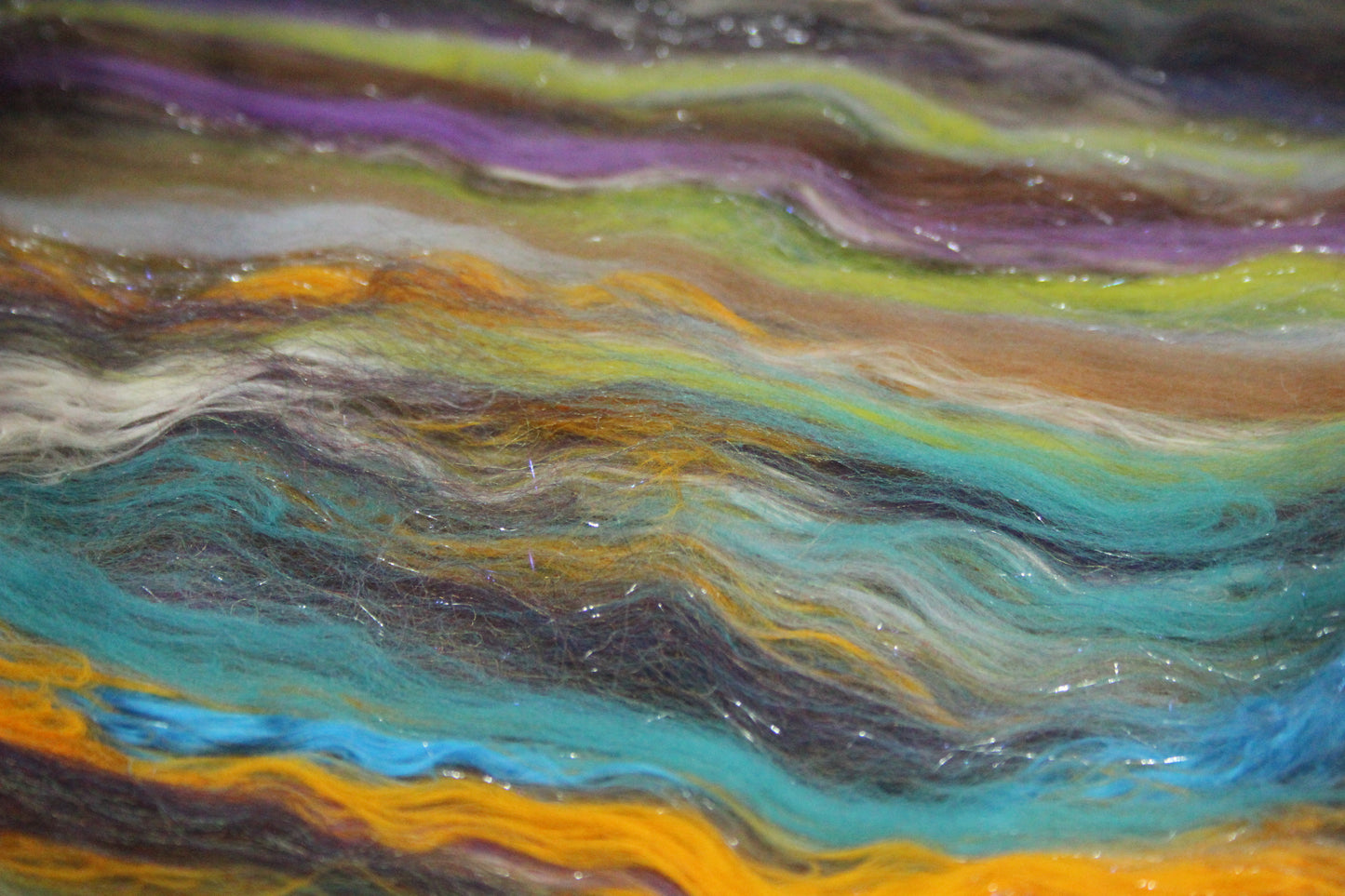 Merino Art Batt  - Green Purple Brown  -  56 grams 1.9 oz - 3 grams of locks - Wool for felting, spinning and weaving